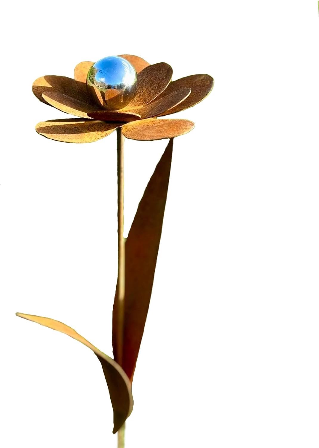 Patina 3D bloem met roestvrijstalen kogel, tuindecoratie, 125 cm hoog