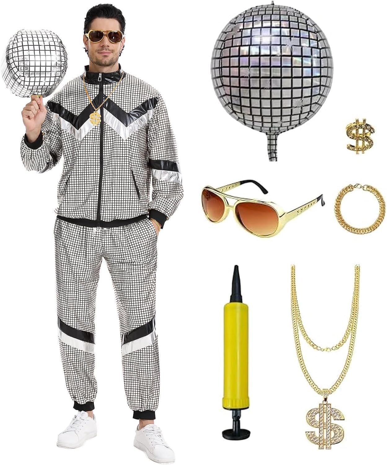 Disco trainingspak, jaren '80, hiphop-kostuum met accessoires