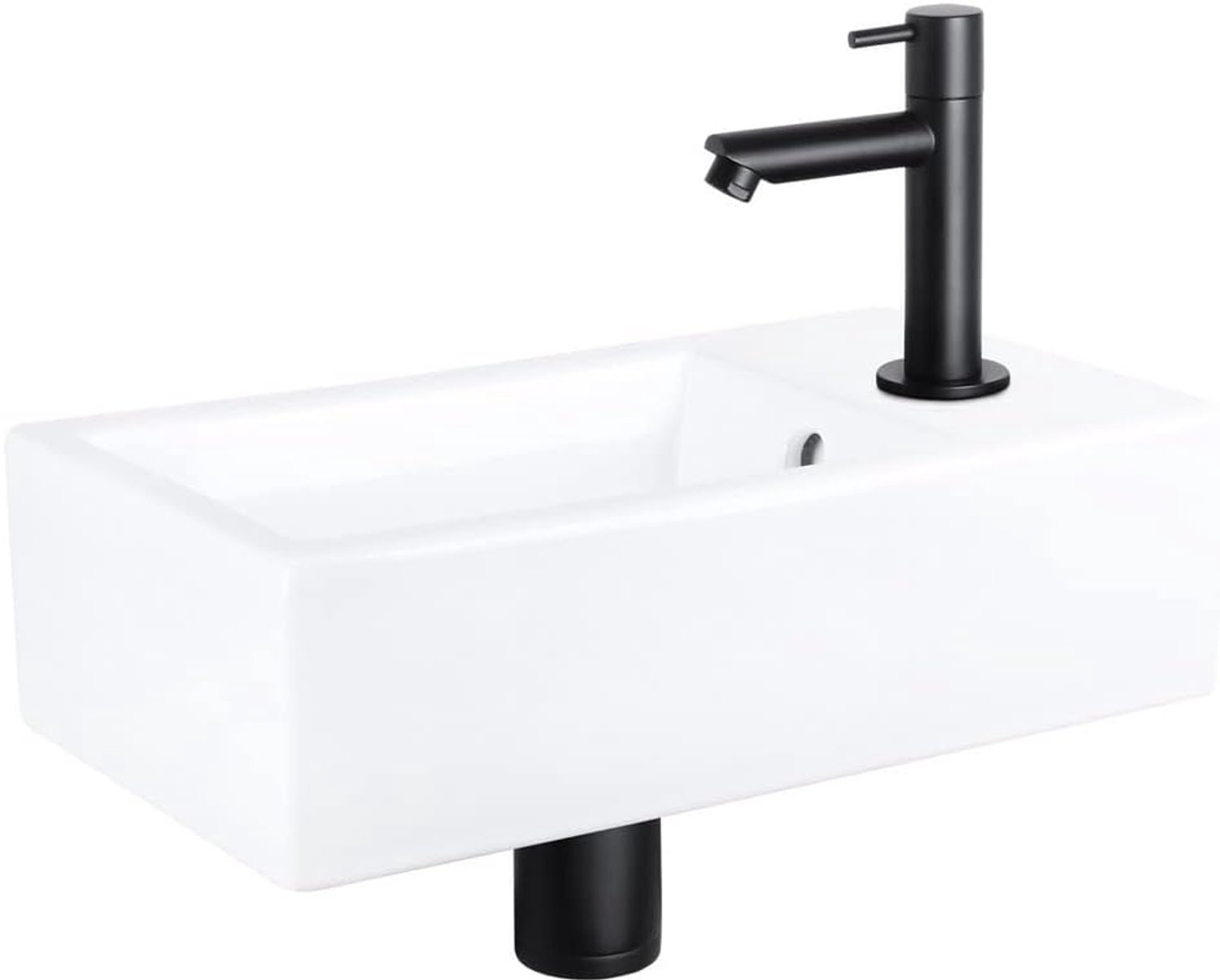 Fonteinset - Wasbak Glans wit Keramiek - Rechte Kraan Mat Zwart - Complete Set - 40 x 22 x 11.5 cm