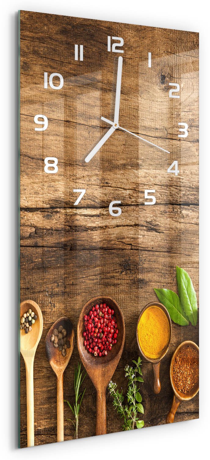 Tulup Wandklok - Kleurrijke specerijen Wandklok Glas Decoratie - 30x60 cm - Veelkleurig Gekleurde Glazen Klok - Witte handen - Rechthoekige Klok - Klok Glas Met Opdruk - Moderne Wandklok Glas