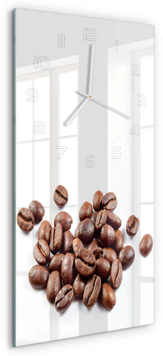 Tulup Wandklok - Koffiebonen Glazen Klok Met Print - 30x60 cm - Bruin Wandklok Glas Met Motief - Witte handen - Rechthoekige Klok - Wandklok Glas Decoratie - Gekleurde Glazen Klok