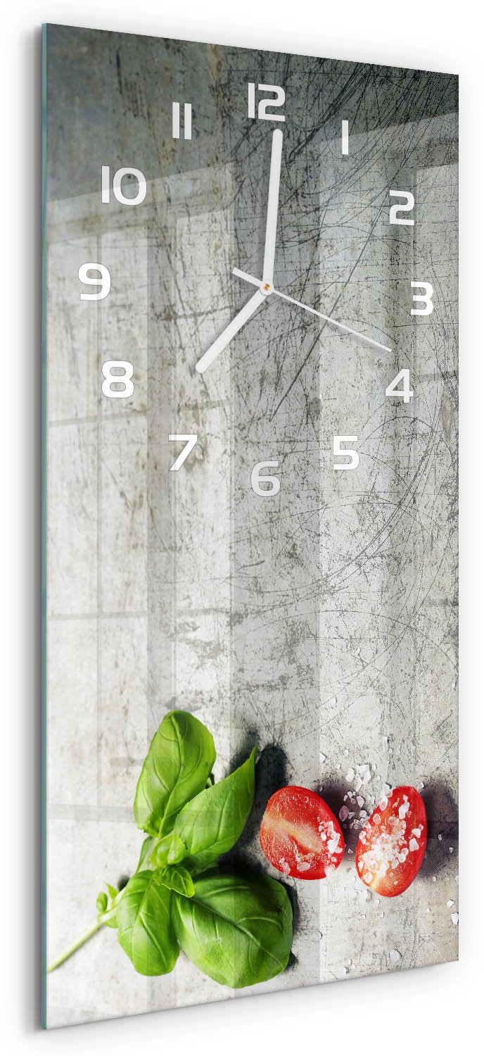 Tulup Wandklok - Tomaten en basilicum Glazen Wandklok Design - 30x60 cm - Rood Klok Glas Met Opdruk - Witte handen - Rechthoekige Klok - Wandklok Glas Met Motief - Decoratieve Glazen Klok