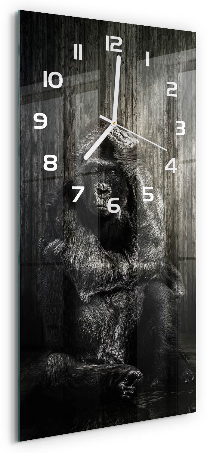 Tulup Wandklok - Gorilla Klok Glas Met Opdruk - 30x60 cm - Zwart Moderne Wandklok Glas - Witte handen - Rechthoekige Klok - Decoratieve Glazen Klok - Glazen Wandklok Design