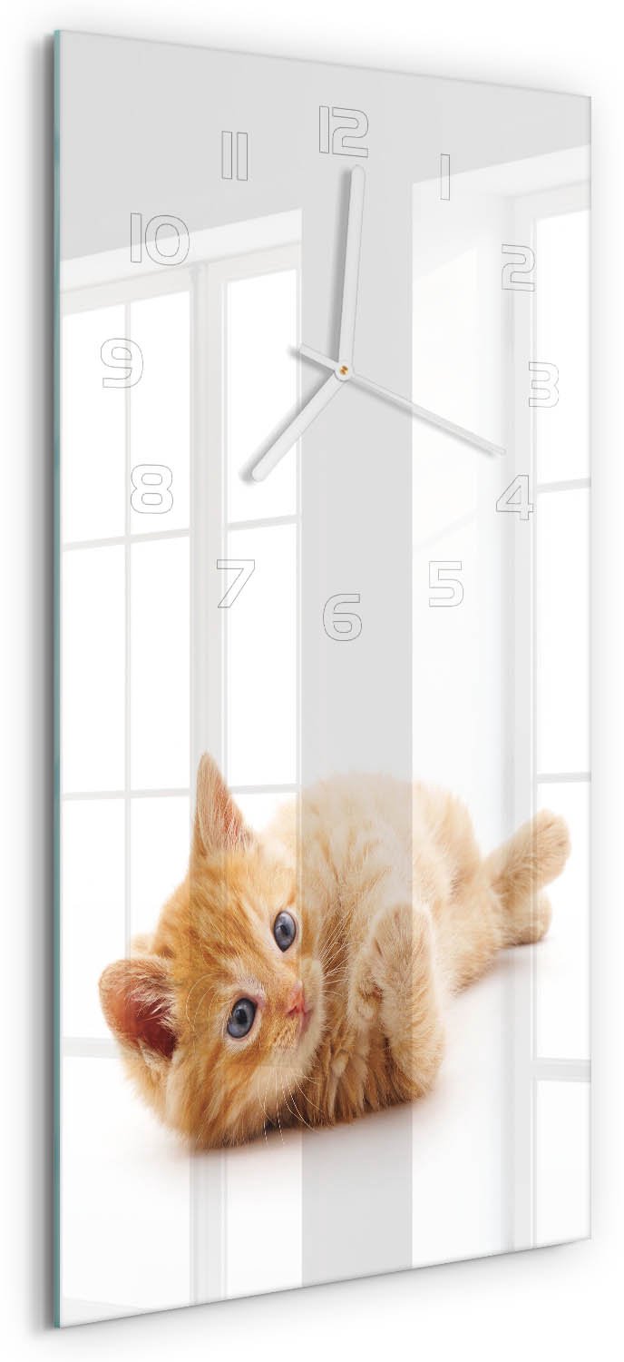 Tulup Wandklok - Rode Kat Glazen Wandklok Design - 30x60 cm - Oranje Klok Glas Met Opdruk - Witte handen - Rechthoekige Klok - Wandklok Glas Met Motief - Decoratieve Glazen Klok