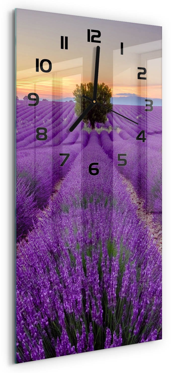 Tulup Wandklok - Lavendelveld Gekleurde Glazen Klok - 30x60 cm - Paars Glazen Klok Met Print - Zwarte handen - Rechthoekige Klok - Moderne Wandklok Glas - Wandklok Glas Decoratie
