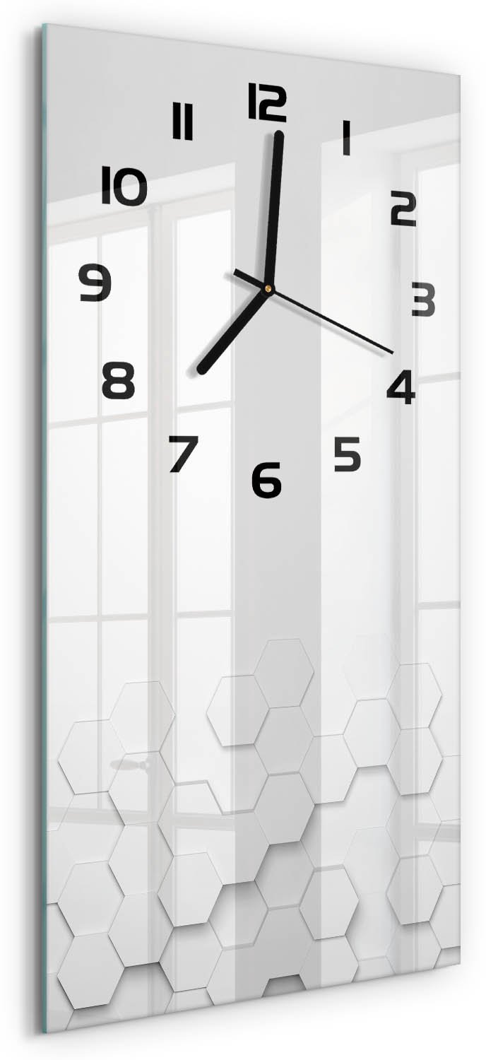 Tulup Wandklok - Zeshoekige achtergrond Decoratieve Glazen Klok - 30x60 cm - Wit Glazen Wandklok Design - Zwarte handen - Rechthoekige Klok - Glazen Klok Met Print - Wandklok Glas Met Motief