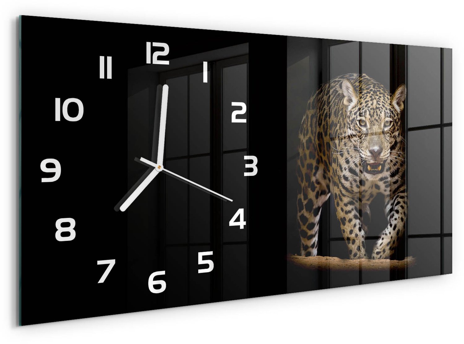TULUP Wandklok - Jaguar Moderne Wandklok Glas - 60x30 cm - Zwart Wandklok Glas Decoratie - Witte handen - Rechthoekige Klok - Glazen Wandklok Design - Klok Glas Met Opdruk
