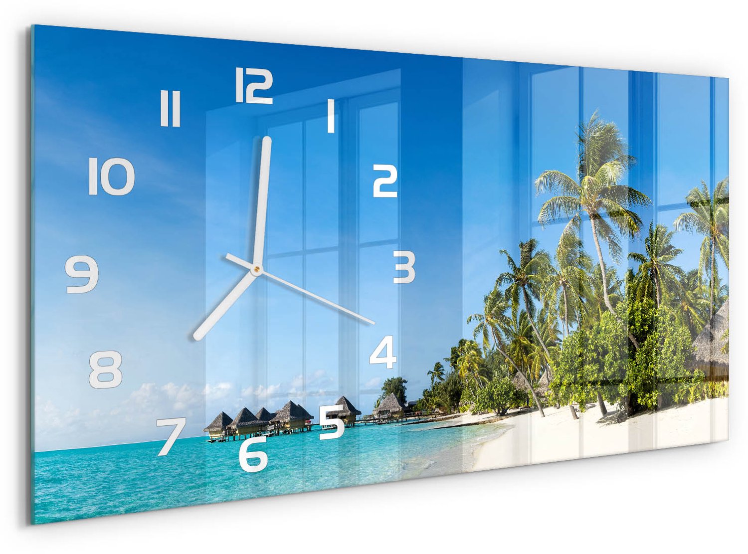TULUP Wandklok - Caribisch strand Decoratieve Glazen Klok - 60x30 cm - Blauw Glazen Wandklok Design - Witte handen - Rechthoekige Klok - Glazen Klok Met Print - Wandklok Glas Met Motief