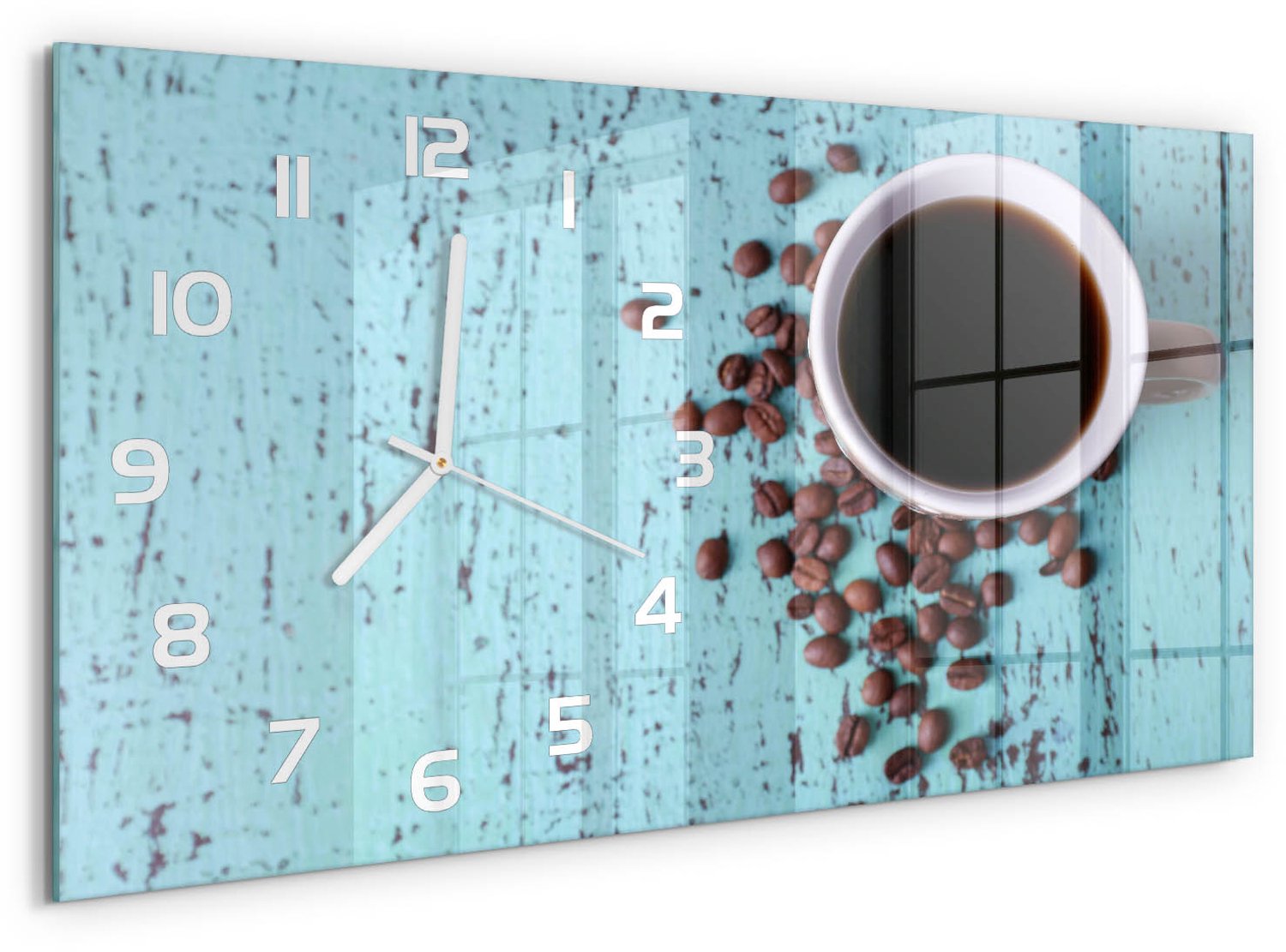 TULUP Wandklok - Zwarte koffie Decoratieve Glazen Klok - 60x30 cm - Bruin Glazen Wandklok Design - Witte handen - Rechthoekige Klok - Glazen Klok Met Print - Wandklok Glas Met Motief