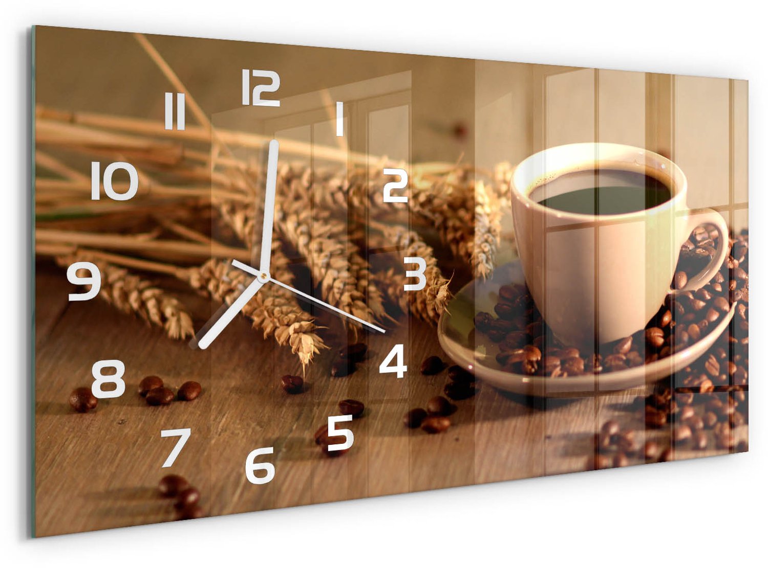 TULUP Wandklok - Aromatische koffie Wandklok Glas Decoratie - 60x30 cm - Bruin Gekleurde Glazen Klok - Witte handen - Rechthoekige Klok - Klok Glas Met Opdruk - Moderne Wandklok Glas