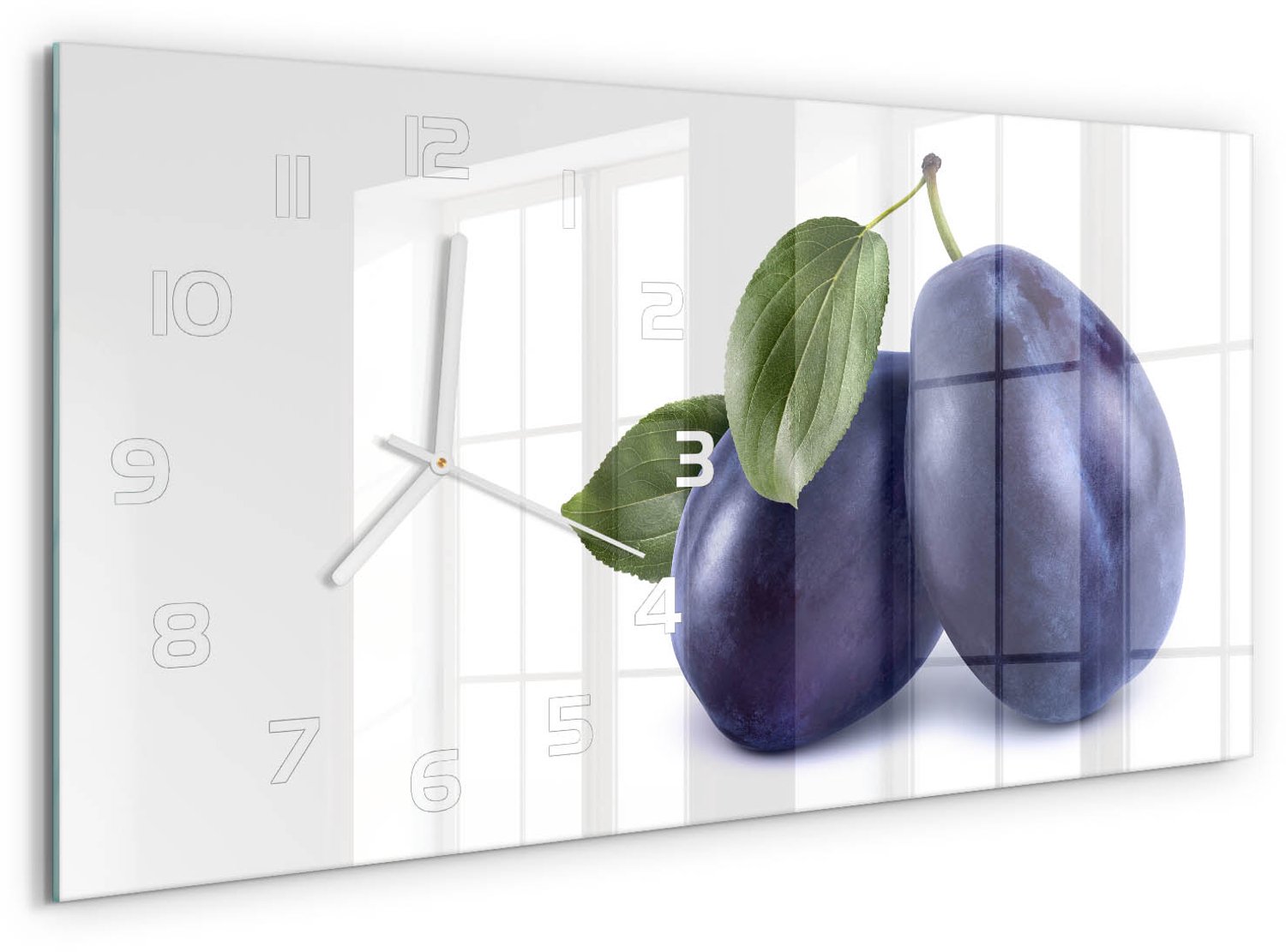 TULUP Wandklok - Pruimen Wandklok Glas Met Motief - 60x30 cm - Blauw Decoratieve Glazen Klok - Witte handen - Rechthoekige Klok - Gekleurde Glazen Klok - Glazen Klok Met Print