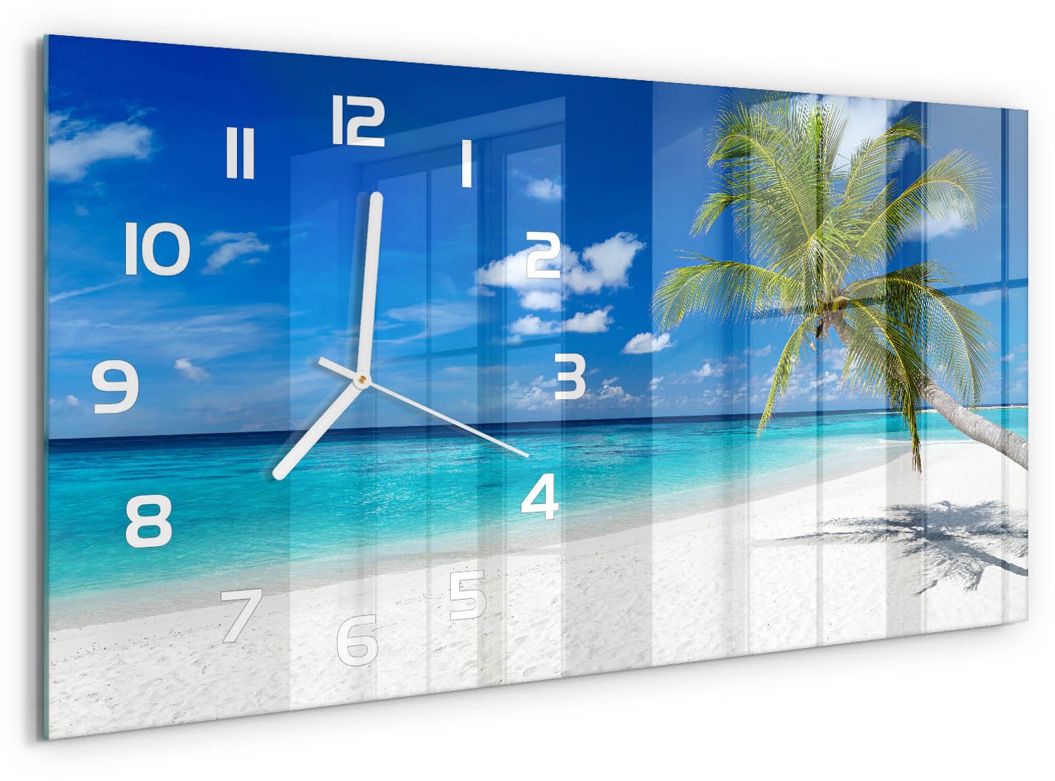 TULUP Wandklok - Tropisch strand Glazen Klok Met Print - 60x30 cm - Blauw Wandklok Glas Met Motief - Witte handen - Rechthoekige Klok - Wandklok Glas Decoratie - Gekleurde Glazen Klok