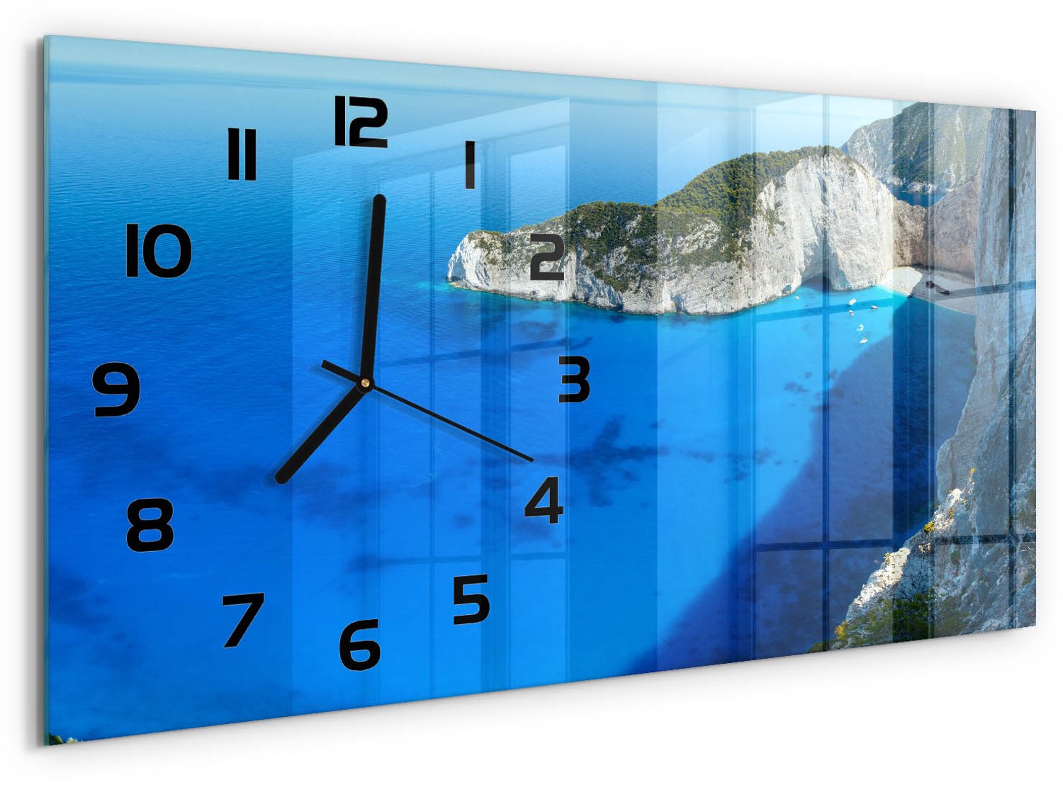 TULUP Wandklok - Zakynthos, Griekenland Decoratieve Glazen Klok - 60x30 cm - Blauw Glazen Wandklok Design - Zwarte handen - Rechthoekige Klok - Glazen Klok Met Print - Wandklok Glas Met Motief