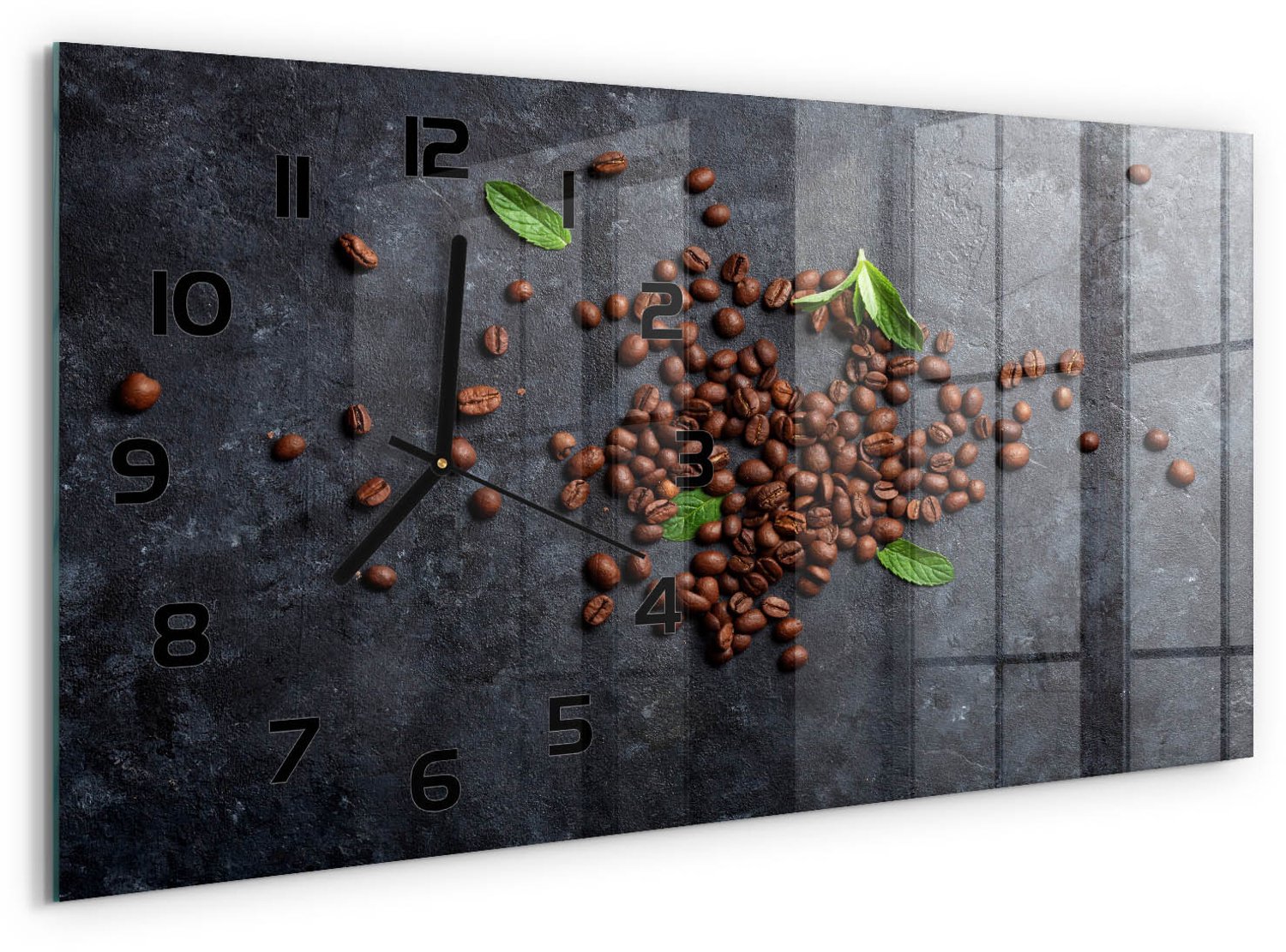 TULUP Wandklok - Koffiebonen Wandklok Glas Decoratie - 60x30 cm - Bruin Gekleurde Glazen Klok - Zwarte handen - Rechthoekige Klok - Klok Glas Met Opdruk - Moderne Wandklok Glas