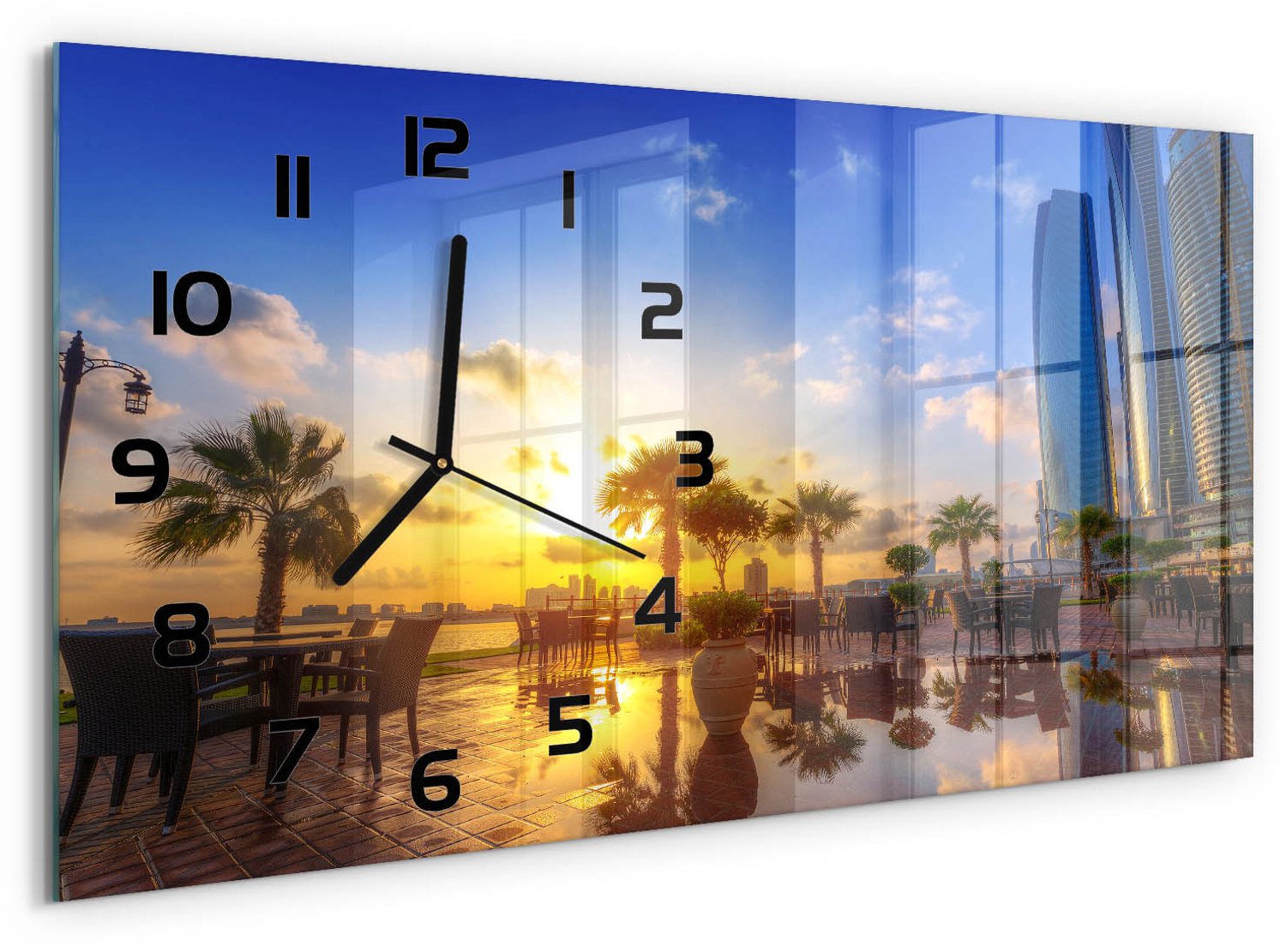 TULUP Wandklok - Abu Dhabi Oost Gekleurde Glazen Klok - 60x30 cm - Veelkleurig Glazen Klok Met Print - Zwarte handen - Rechthoekige Klok - Moderne Wandklok Glas - Wandklok Glas Decoratie