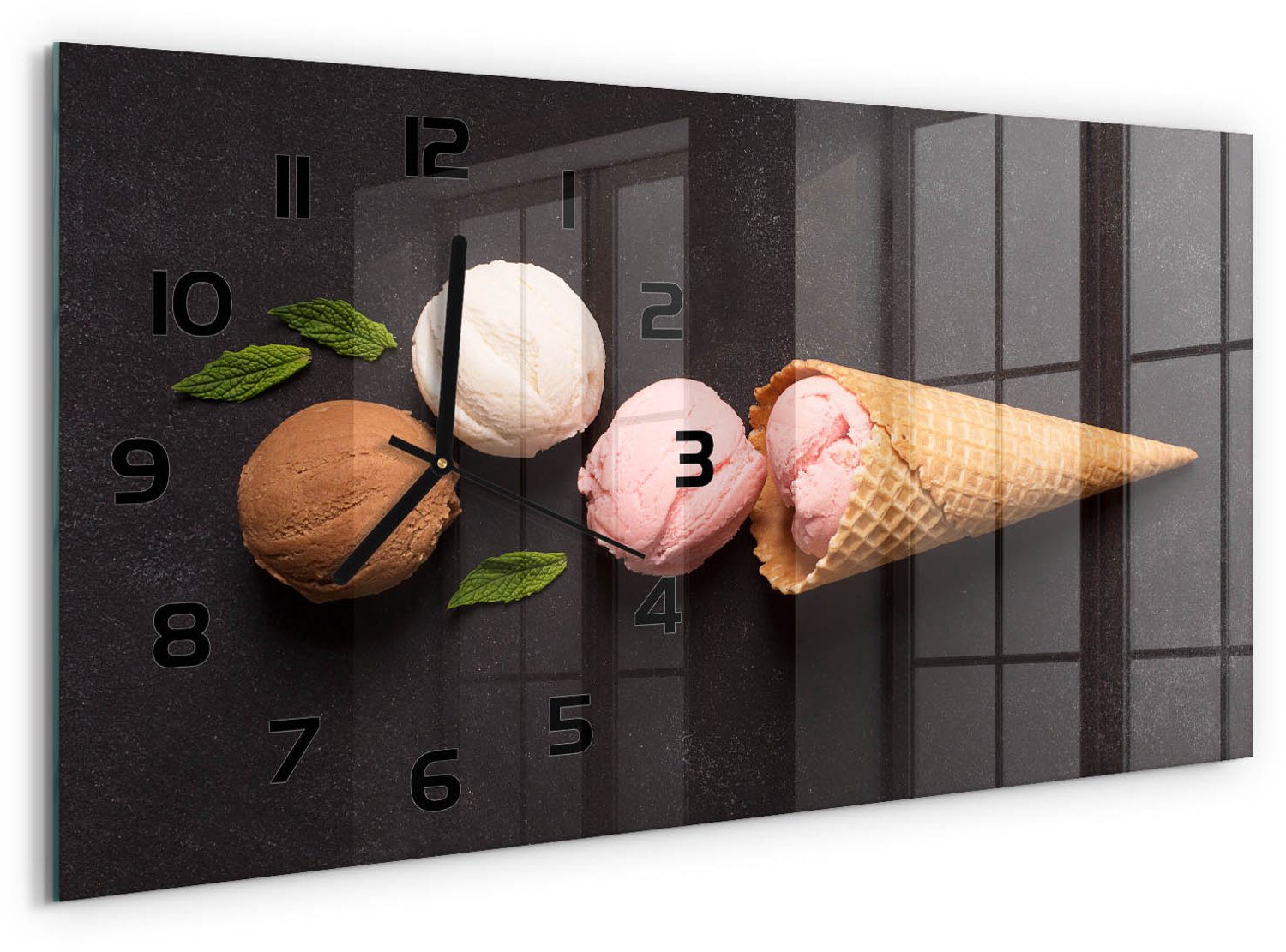 TULUP Wandklok - IJs in een wafelhoorntje Wandklok Glas Met Motief - 60x30 cm - Zwart Decoratieve Glazen Klok - Zwarte handen - Rechthoekige Klok - Gekleurde Glazen Klok - Glazen Klok Met Print