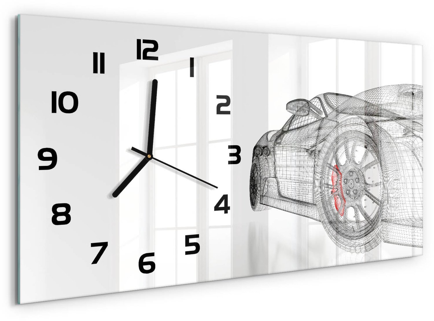 TULUP Wandklok - Autogrille Wandklok Glas Decoratie - 60x30 cm - Rood Gekleurde Glazen Klok - Zwarte handen - Rechthoekige Klok - Klok Glas Met Opdruk - Moderne Wandklok Glas