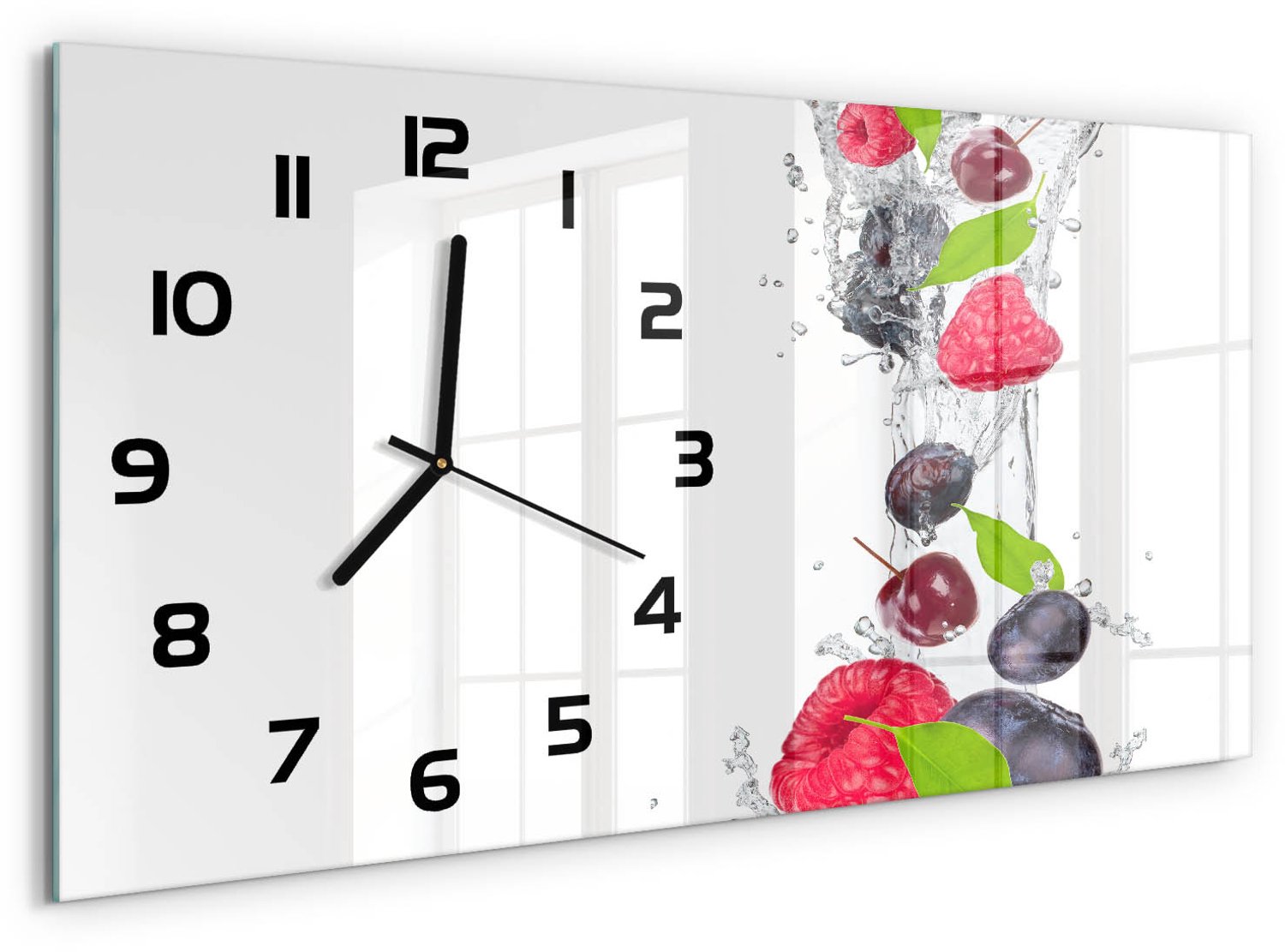 TULUP Wandklok - Fruit en water Klok Glas Met Opdruk - 60x30 cm - Veelkleurig Moderne Wandklok Glas - Zwarte handen - Rechthoekige Klok - Decoratieve Glazen Klok - Glazen Wandklok Design