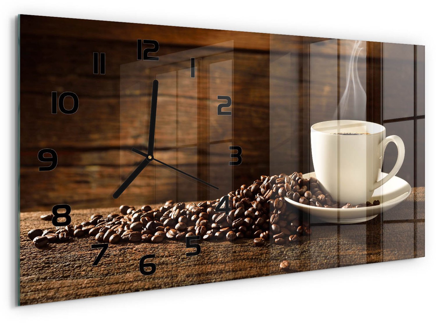 TULUP Wandklok - Kopje koffie Glazen Klok Met Print - 60x30 cm - Bruin Wandklok Glas Met Motief - Zwarte handen - Rechthoekige Klok - Wandklok Glas Decoratie - Gekleurde Glazen Klok
