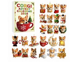 Corgi kerst adventskalender 2026- 24 stuks plat 2D acryl hangornamenten met schattige corgi honden- kerst aftelkalender blinddoos- kerstboomversiering en cadeau voor hondenliefhebbers