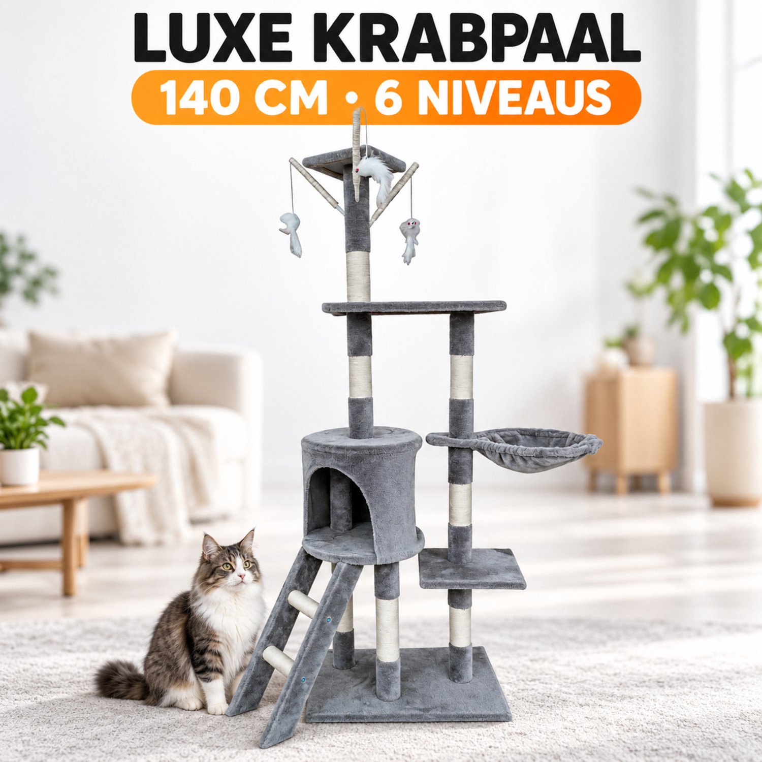 XXL Kattenkrabpaal Grijs 140 cm – Kattenmeubel met Ligmand, Slaaphol, Klimladder, Platforms en 10 cm Dikke Krabstammen – Voor Spelen, Krabben en Slapen