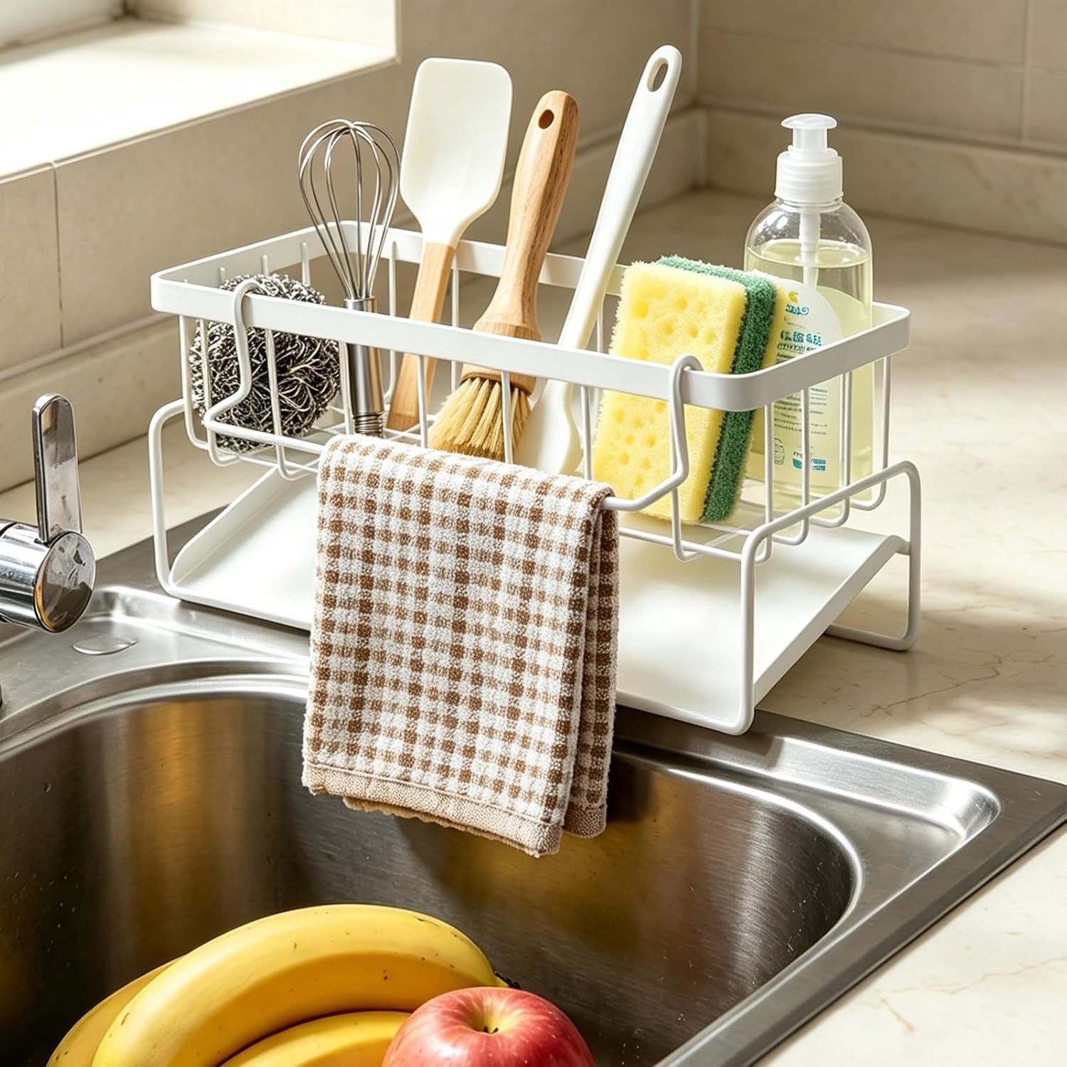 Gootsteenorganizer 23 x 9 x 10 cm - roestvrijstaal - met afdruipbak en handdoekhouder - houdt de keuken schoon - ServiceTopper