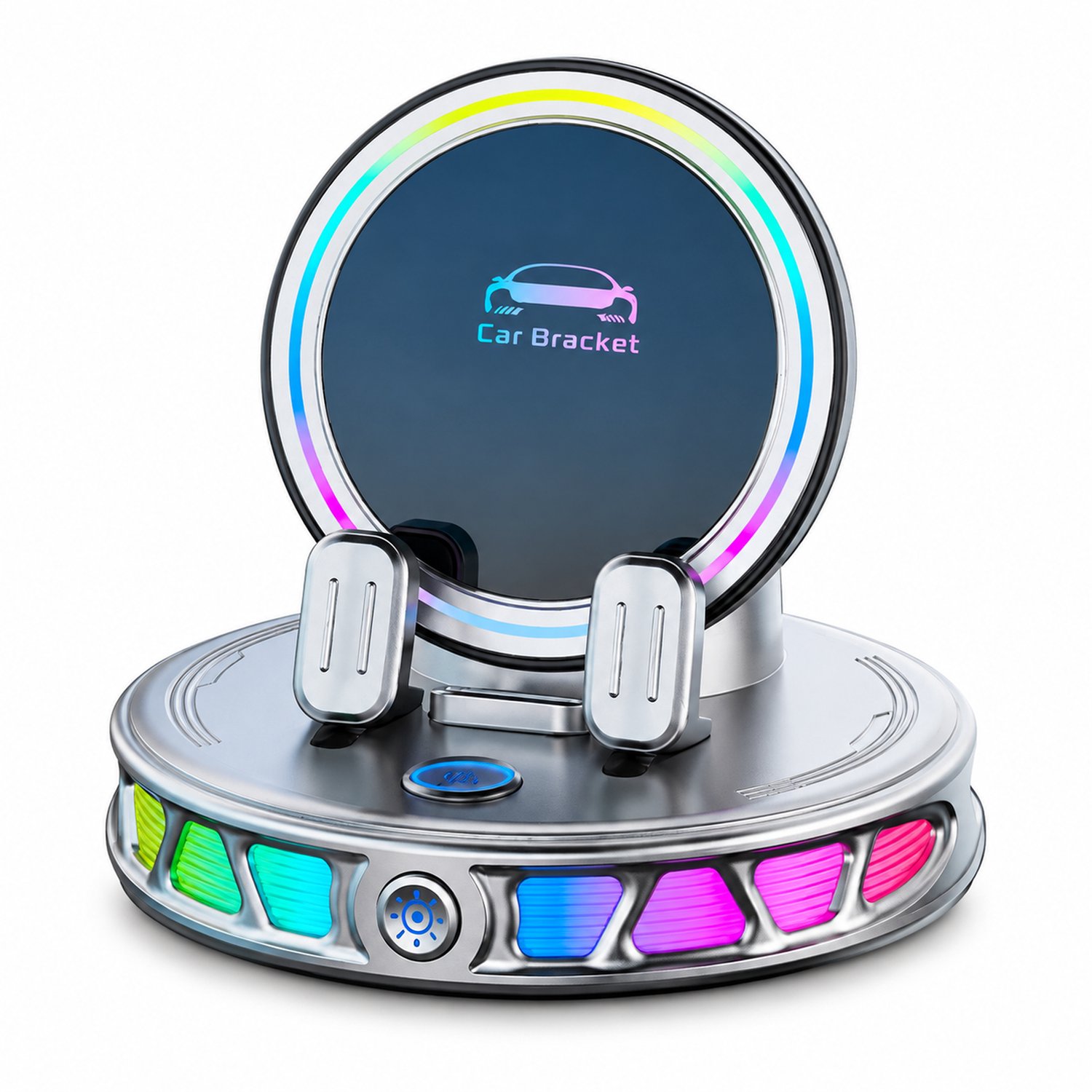 telefoonhouders auto 2026 met draadloos opladen elektrische vergrendeling automatische klem 360 graden draaibaar en RGB sfeerverlichting voor navigatie op het dashboard