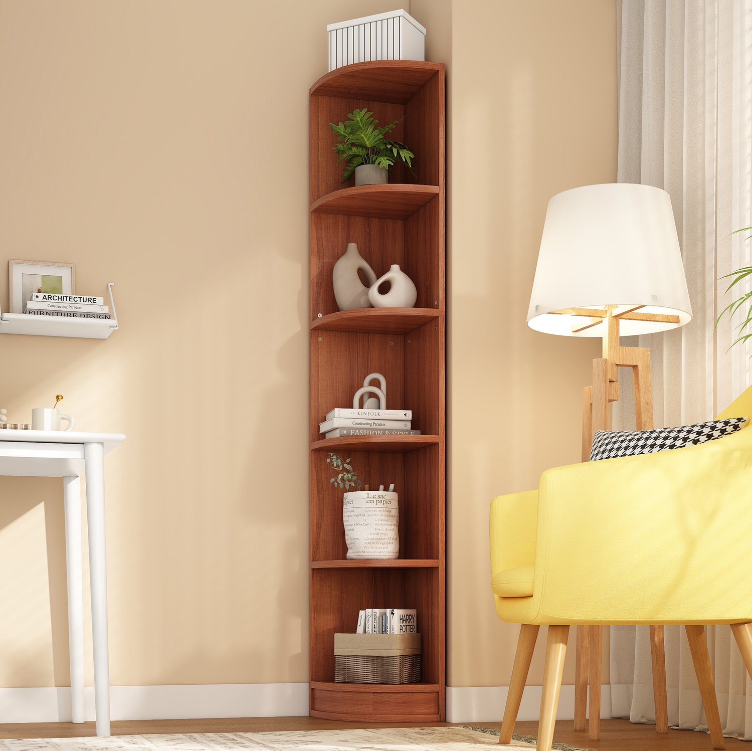 OKWISH Hoekboekenkast - Vijf Niveaus - Ruimtebesparend voor Woonkamer en Werkkamer - MDF in Walnootkleur - 42 x 30 x 180 cm