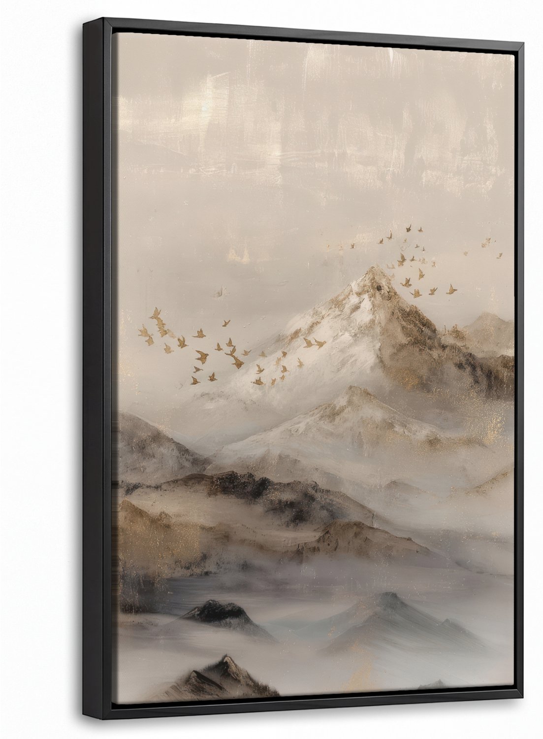 Canvas Schilderij met Baklijst 40x60cm - Berglandschap - Mist - Penseelstreken - Muurdecoratie woonkamer - Slaapkamer decoratie - Kamer accessoires - Schilderijen op canvas met lijst