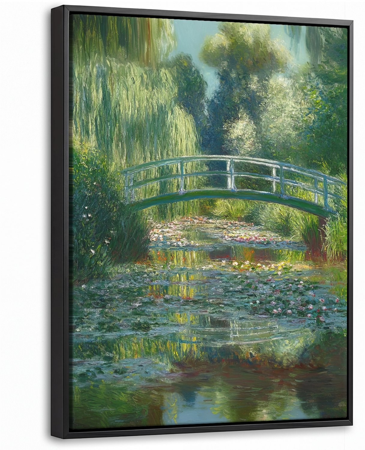 Canvas Schilderij met Baklijst 30x40cm - Brug - Hout - Vijver - Waterlelies - Muurdecoratie woonkamer - Slaapkamer decoratie - Kamer accessoires - Schilderijen op canvas met lijst