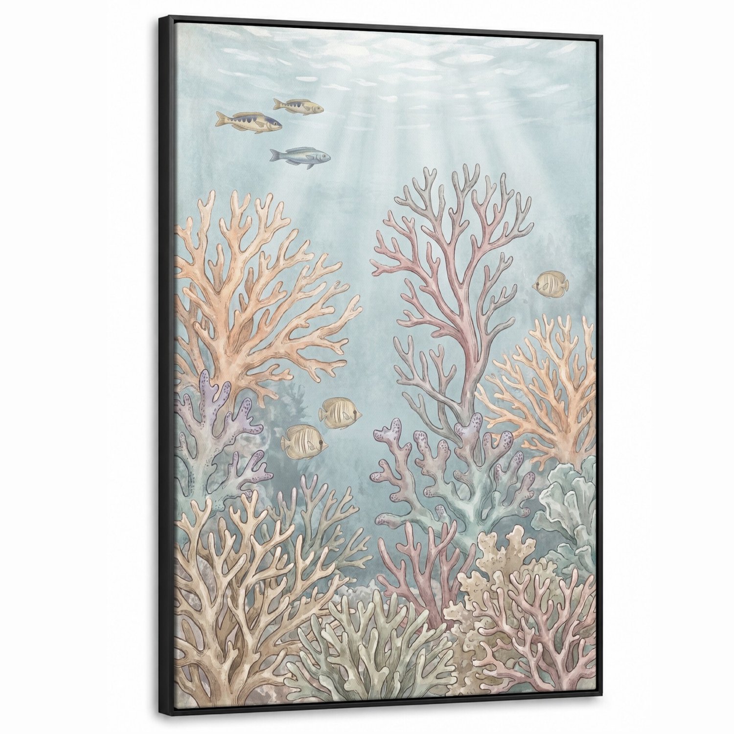 Canvas Schilderij met Baklijst XXL Canvas Schilderij met Baklijst 100x150cm - Vis - Koraal - Oceaan - Illustratie - Onderwater - Muurdecoratie woonkamer - Slaapkamer decoratie - Kamer accessoires - Schilderijen op canvas met lijst groot