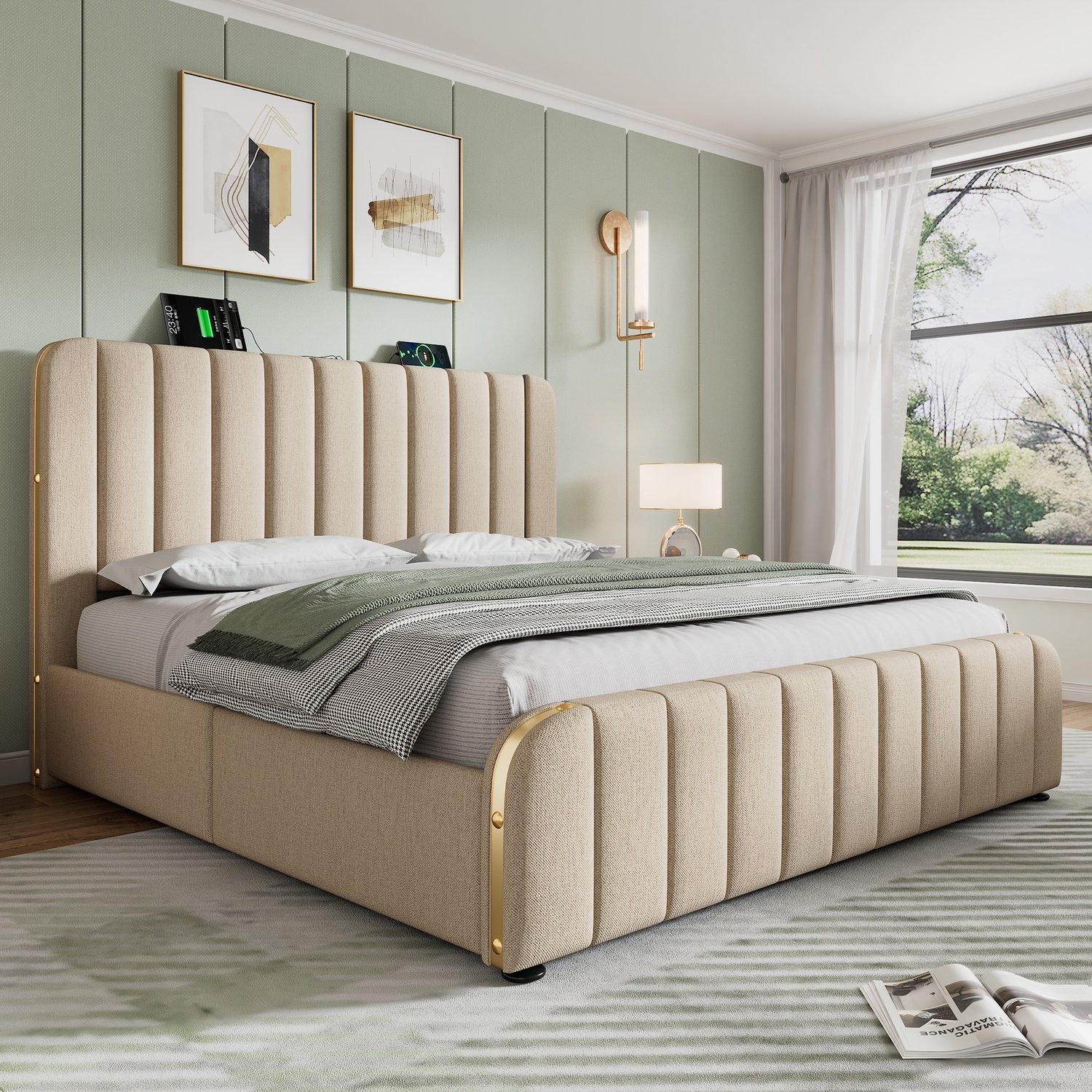 MUVANO Gestoffeerd tweepersoonsbed 180x200 cm - Ledikant met 4 opberglades - USB en USB-C - Linnen en metalen frame - Lattenbodem - Slaapkamer beige