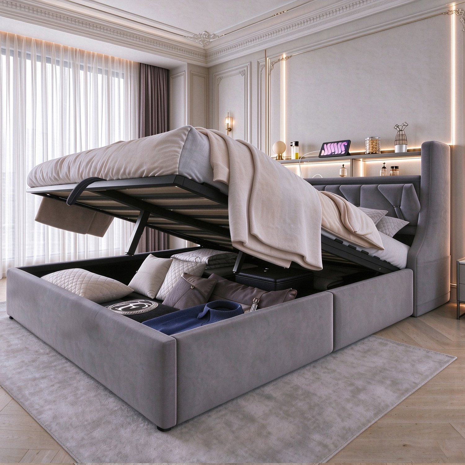 Zubaliya Gestoffeerd bed - 140 x 200 cm - Grijs - stoffering - Hydraulische opbergruimte - LED-verlichting - Stopcontact