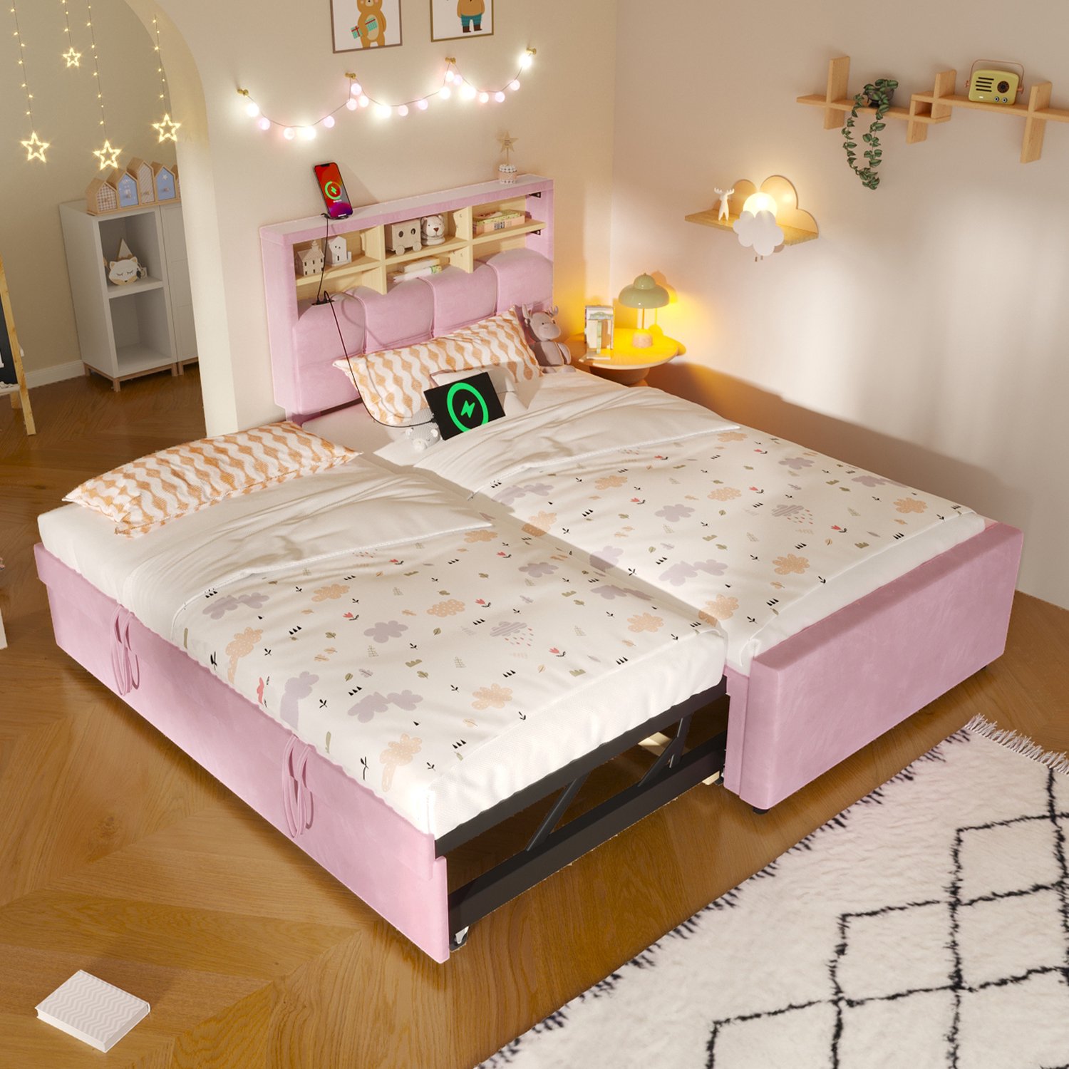 Zubaliya Dagbed - 90 x 200 / 180 x 200 cm - Roze - MDF, fluweel - USB-aansluiting - USB-C - Uitschuifbaar