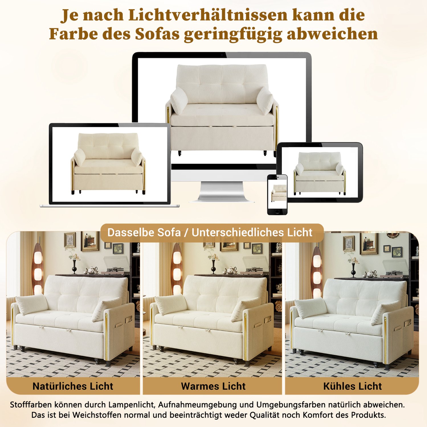 OKWISH Slaapbank 125 x 83 x 93 cm - 2-Zits Met Uitschuifbed en Verstelbare Rugleuning - Voor Woonkamer en Logeerkamer - Chenille - Lichtbeige