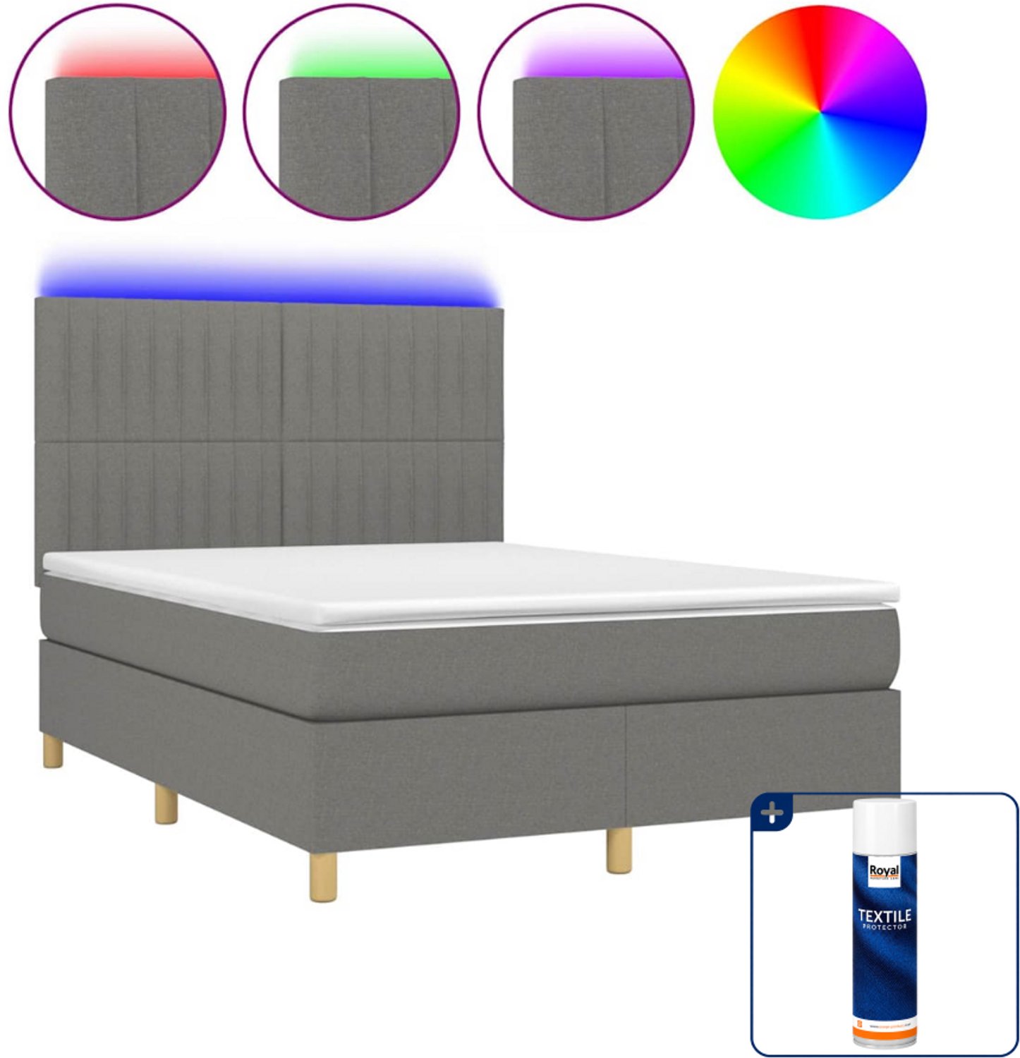 vidaXL boxspring met matras en led - small double - donkergrijs - Inclusief textielbeschermer 500 ml