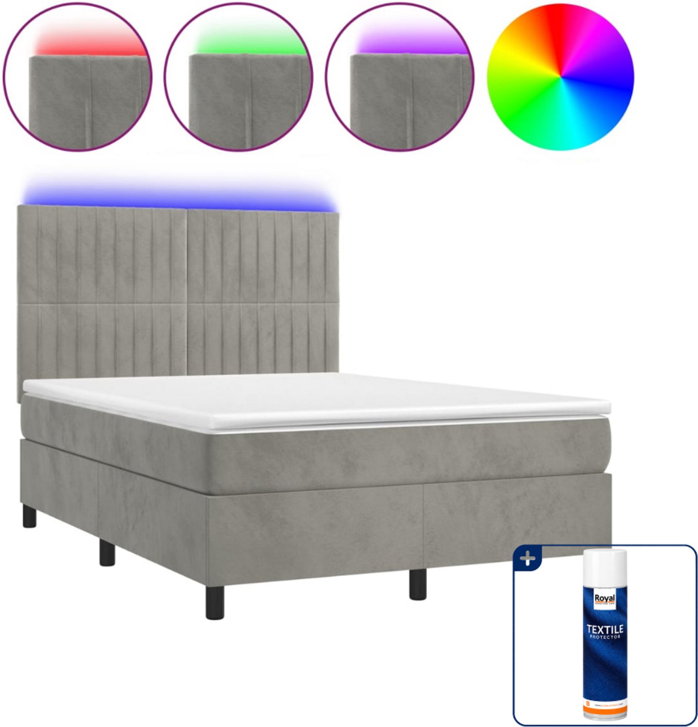 vidaXL boxspring met matras en led - 140 x 190 cm - fluweel - lichtgrijs - Inclusief textielbeschermer 500 ml