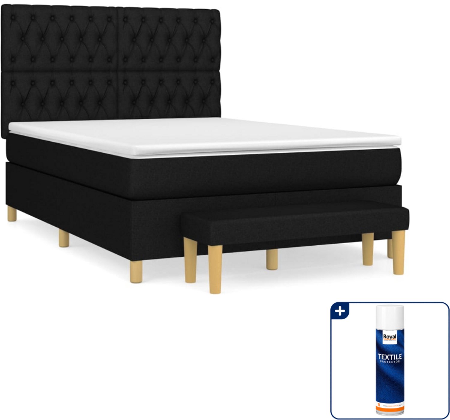 vidaXL boxspring met matras en bankje - 140 x 190 cm - zwart - Inclusief textielbeschermer 500 ml