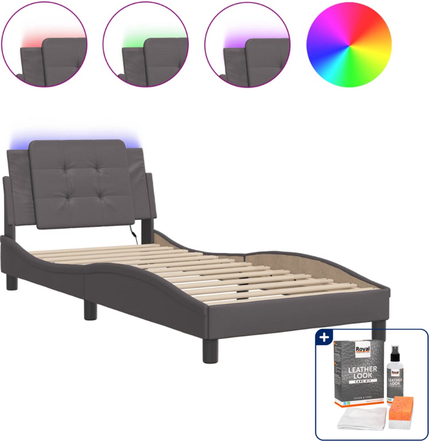 vidaXL Zadar bedframe met LED - 90 x 190 cm - grijs - Inclusief onderhoudsset voor kunstleer 150 ml