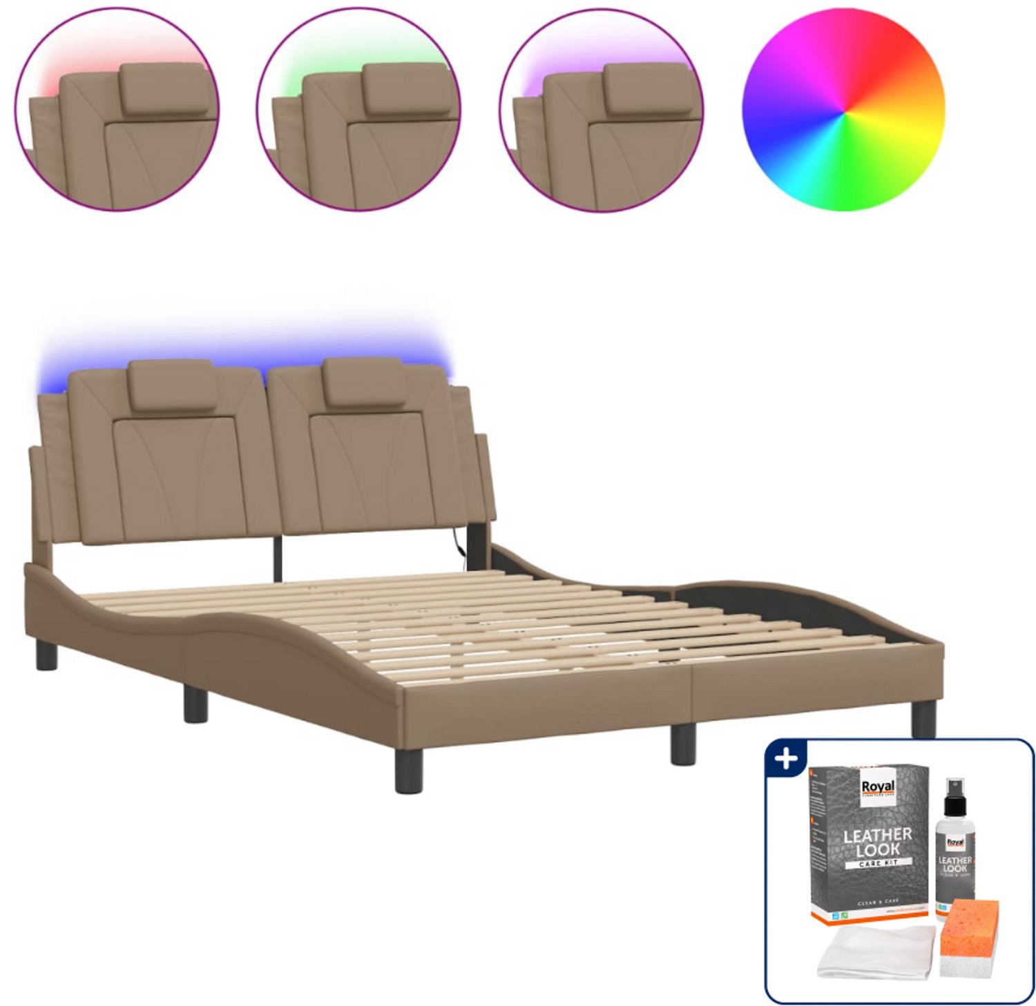 vidaXL Viana bedframe met LED - Small double - 140 x 200 cm - cappuccino - Inclusief onderhoudsset voor kunstleer 150 ml Bruin