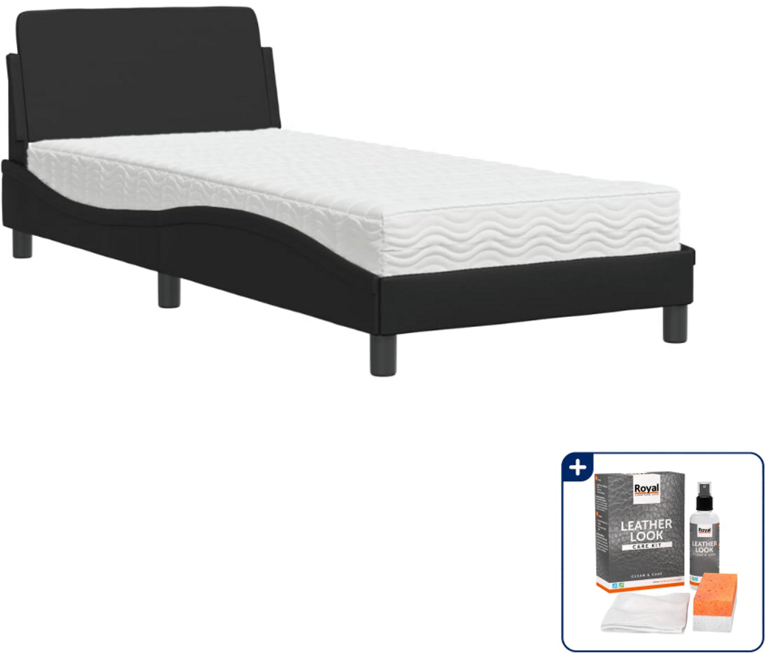 vidaXL Bed met matras Dover 90 x 190 cm - kunstleer - zwart - Inclusief onderhoudsset voor kunstleer 150 ml Grijs