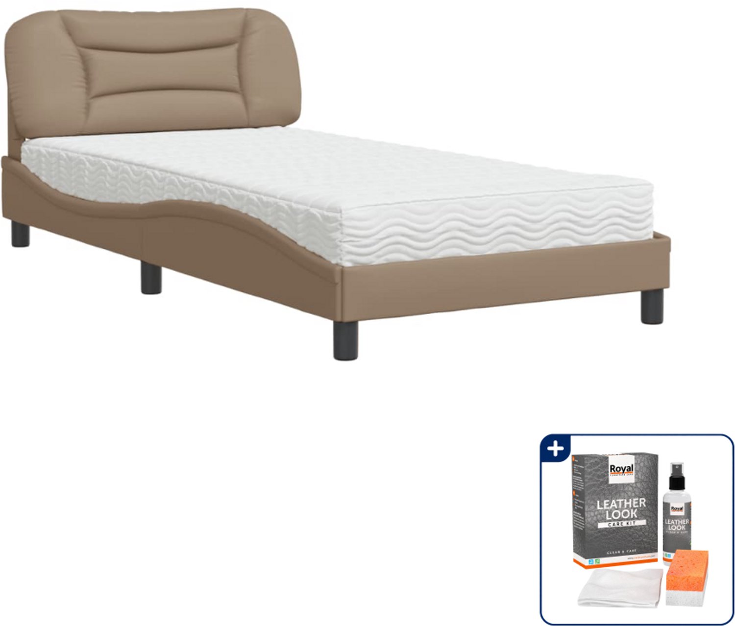 vidaXL Hvar bed met matras - 100 x 200 cm - kunstleer - cappuccino - Inclusief onderhoudsset voor kunstleer 150 ml Bruin
