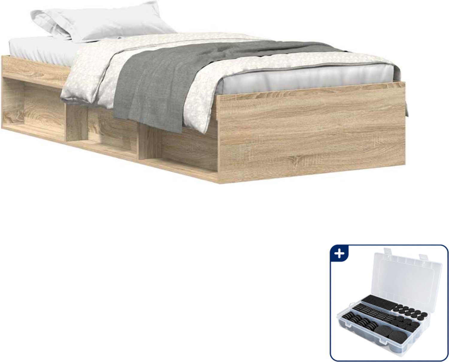 vidaXL bedframe 100 x 200 cm - bewerkt hout - sonoma eiken - Inclusief antikrasvilt 177-delig Grijs