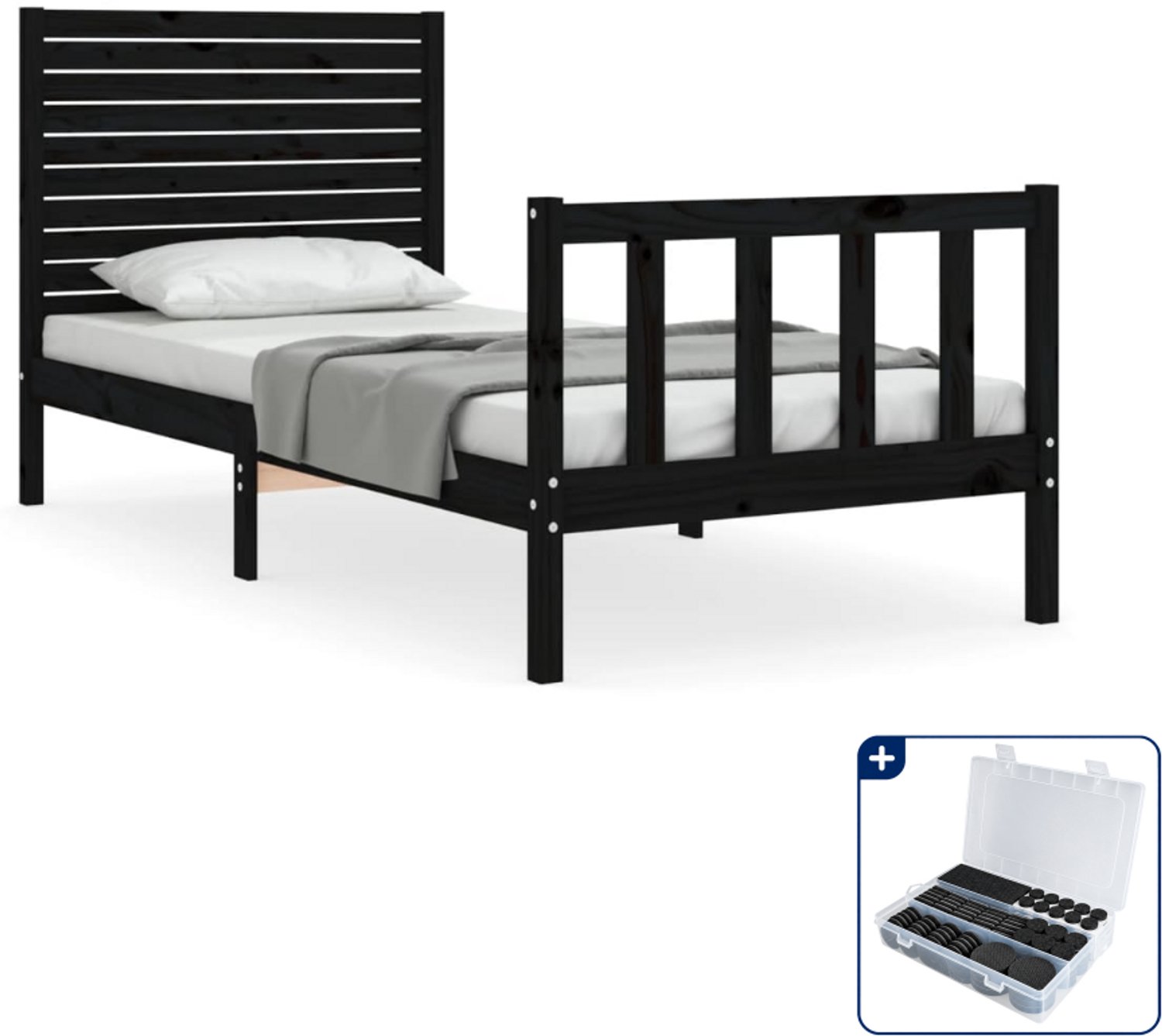 vidaXL bedframe met hoofdbord - 75 x 190 cm - massief grenenhout - zwart - Inclusief antikrasvilt 177-delig