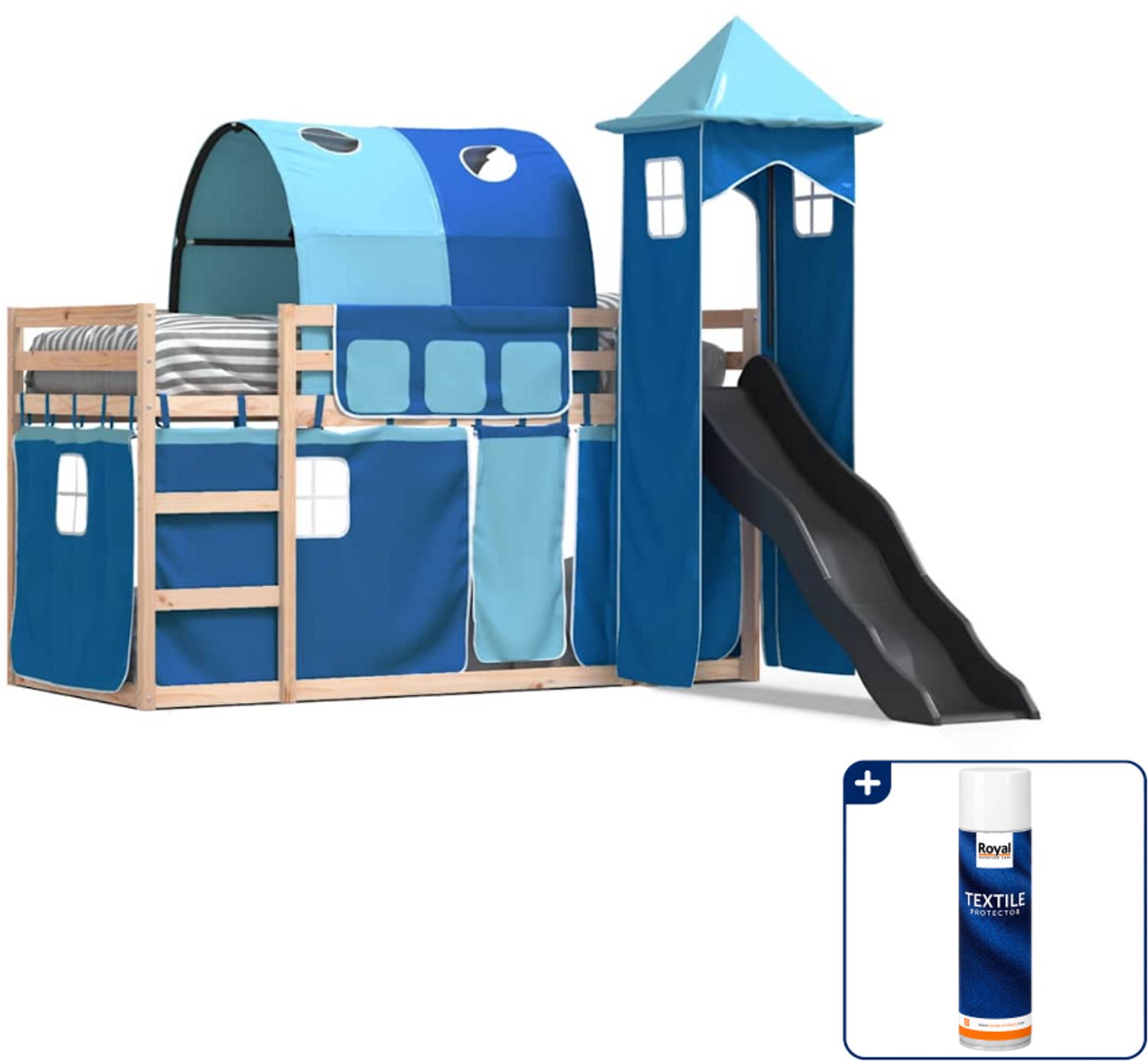 vidaXL stapelbed met glijbaan en gordijnen - 80 x 200 cm - blauw - Inclusief textielbeschermer 500 ml