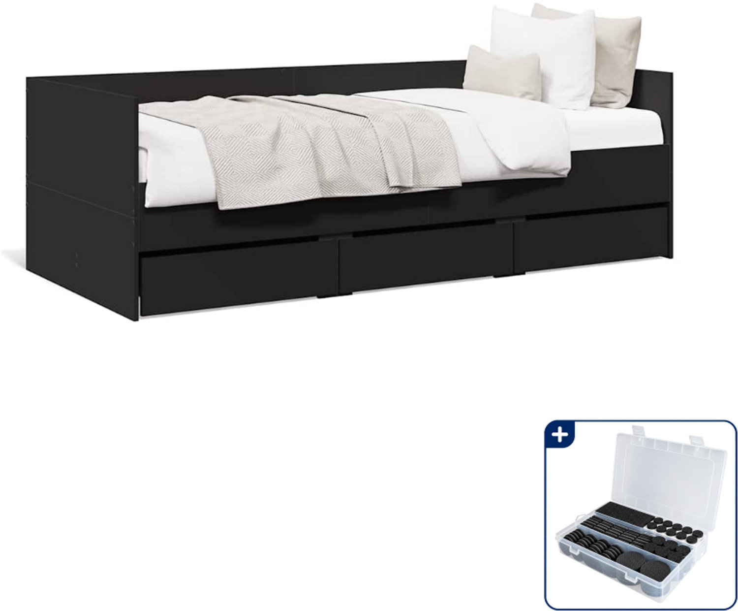 vidaXL slaapbank met 3 lades - 75 x 190 cm - bewerkt hout - zwart - Inclusief antikrasvilt 177-delig Wit
