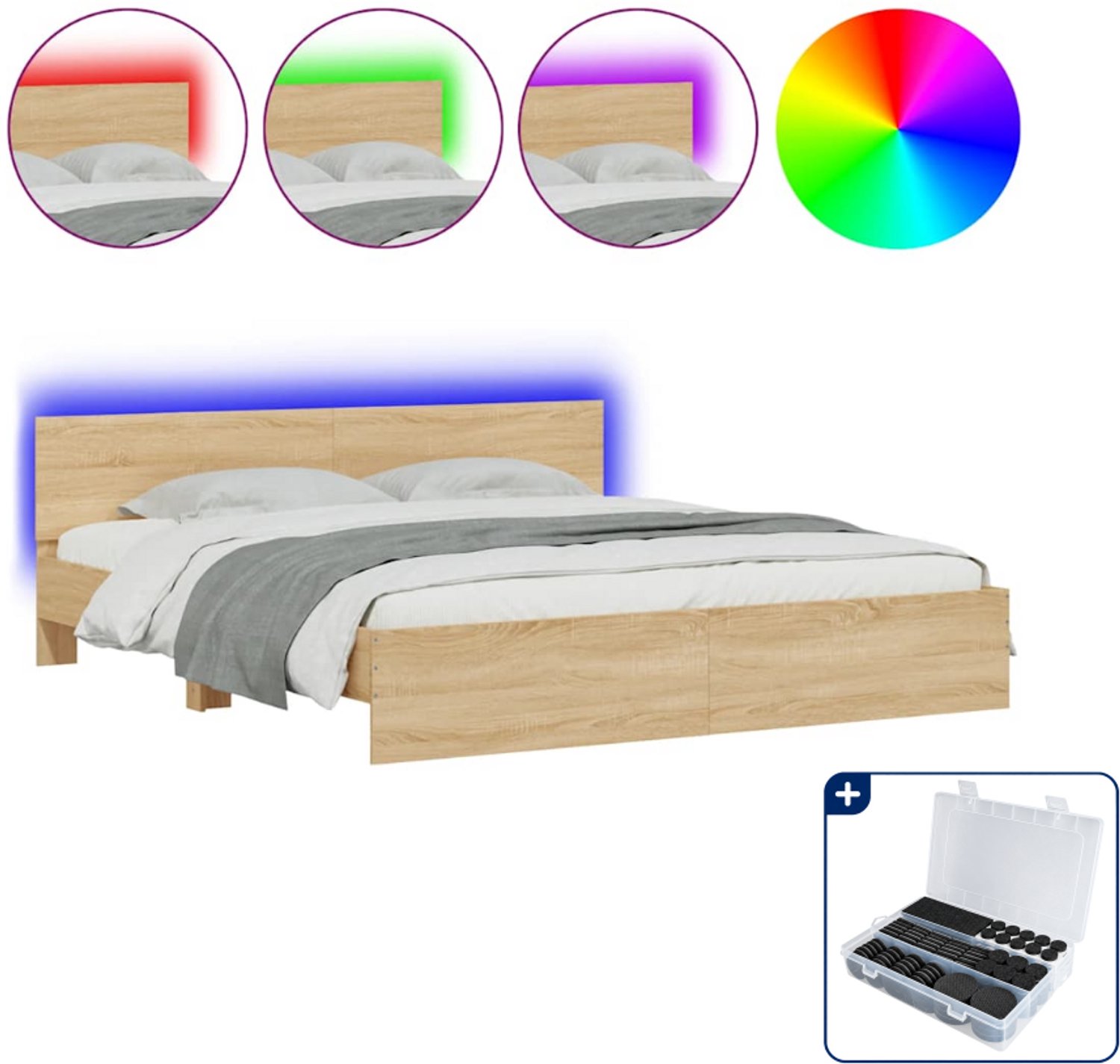 vidaXL Bedframe met LED - Kingsize - 180 x 200 cm - sonoma eiken - Inclusief antikrasvilt 177-delig Bruin