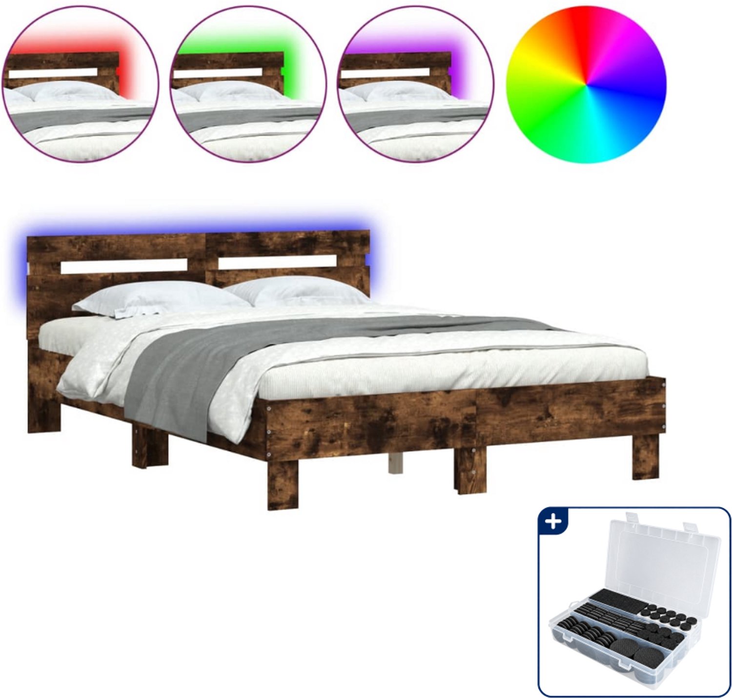 vidaXL bedframe met led - 120 x 200 cm - gerookt eiken - Inclusief antikrasvilt 177-delig Zwart