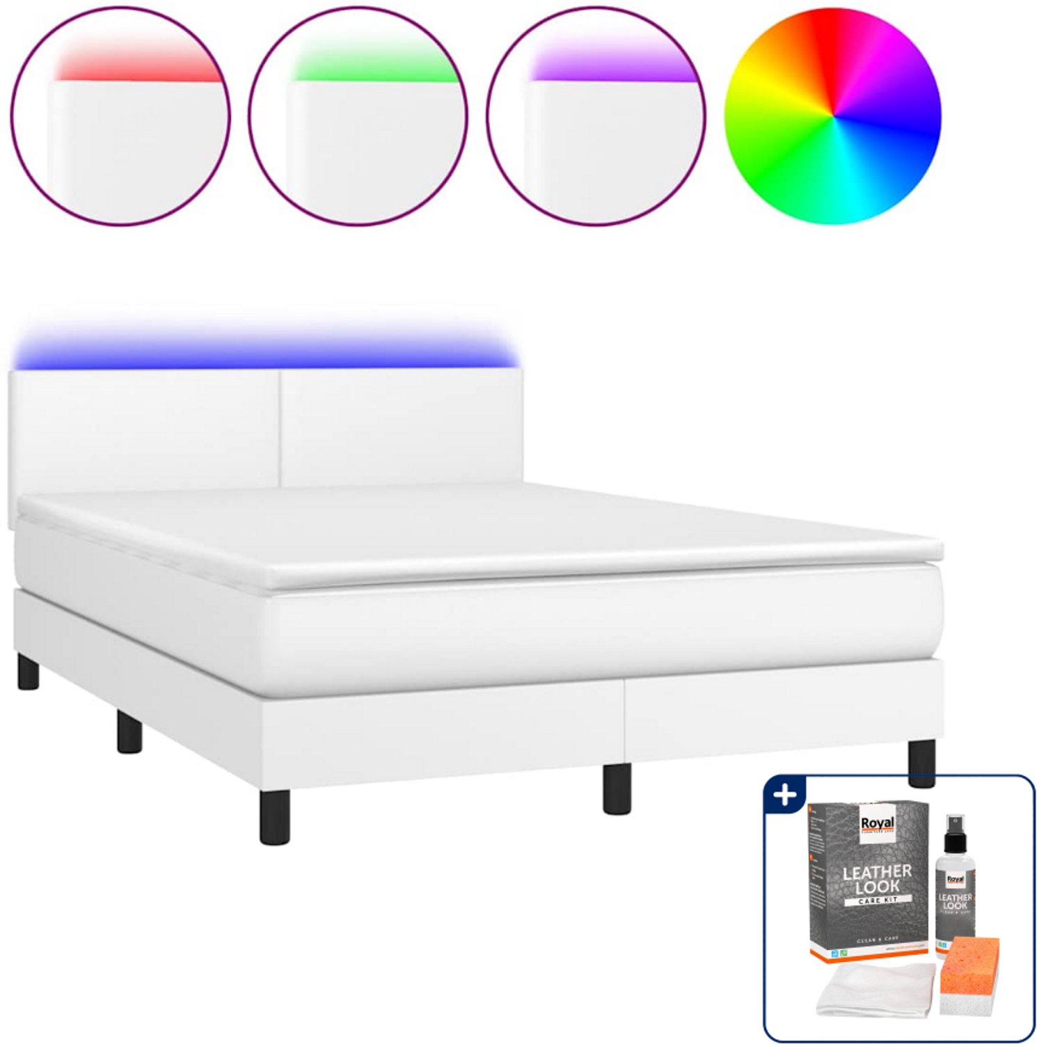 vidaXL boxspring met matras en LED - 140 x 190 cm - wit - Inclusief onderhoudsset voor kunstleer 150 ml