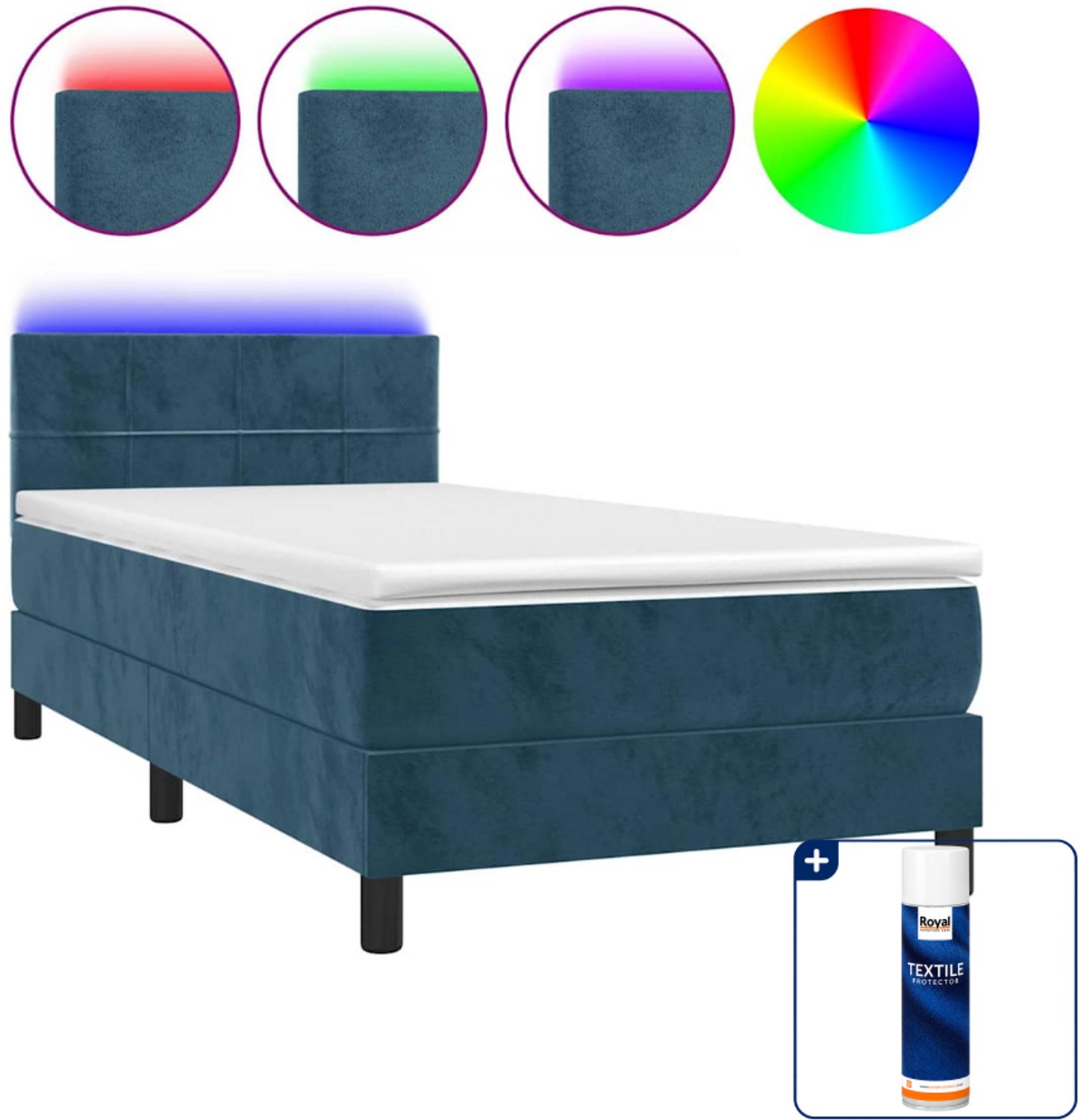 vidaXL boxspring met matras en led - 100 x 200 cm - fluweel - donkerblauw - Inclusief textielbeschermer 500 ml